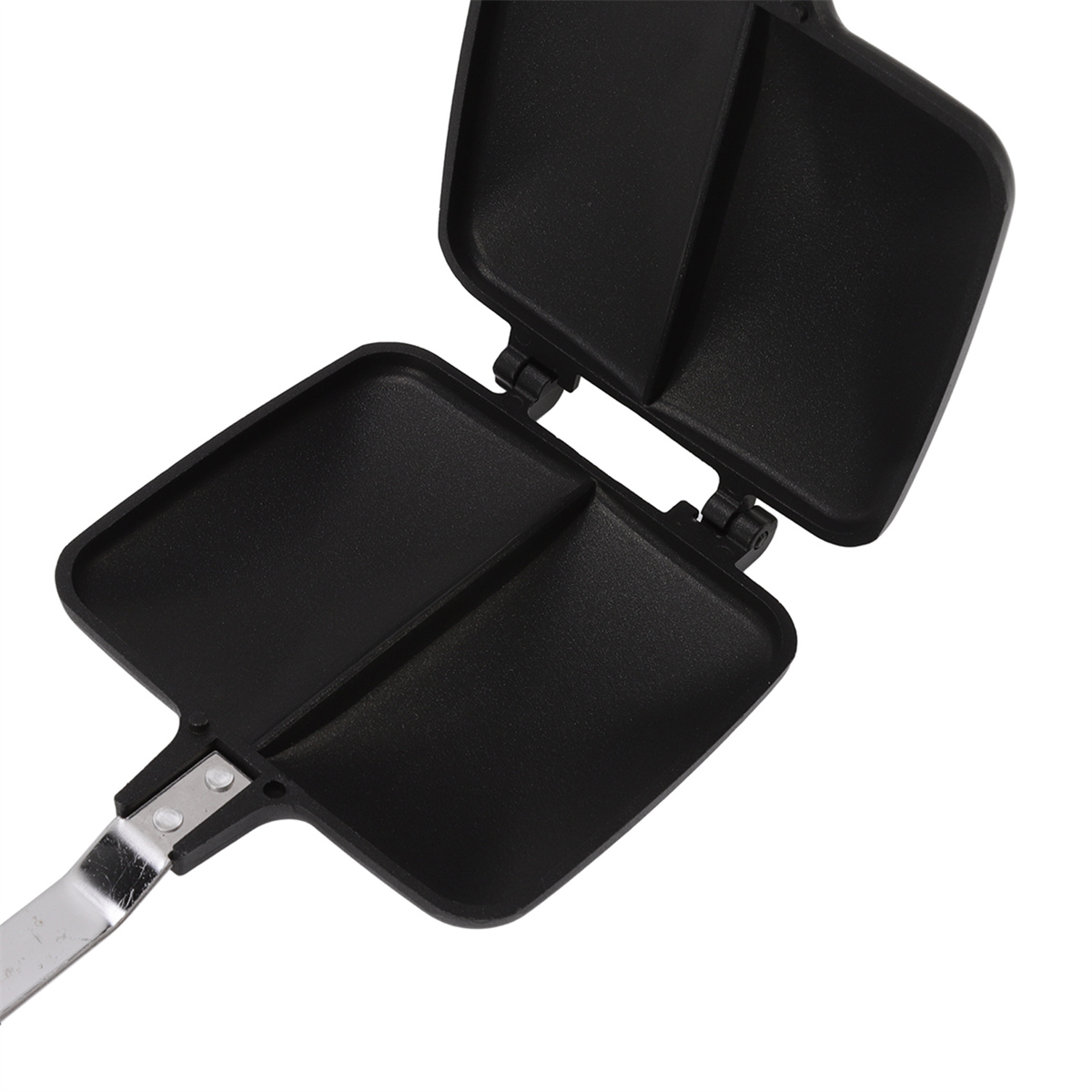 Ein schwarzer Sandwichmaker, offen, um die Kochflächen zu zeigen.