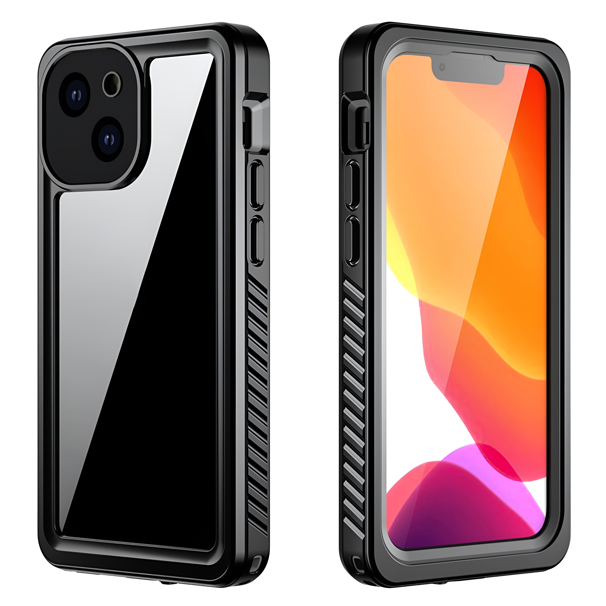 Eine schwarze Handyhülle mit transparentem Rücken und einem Telefon darin wird gezeigt.