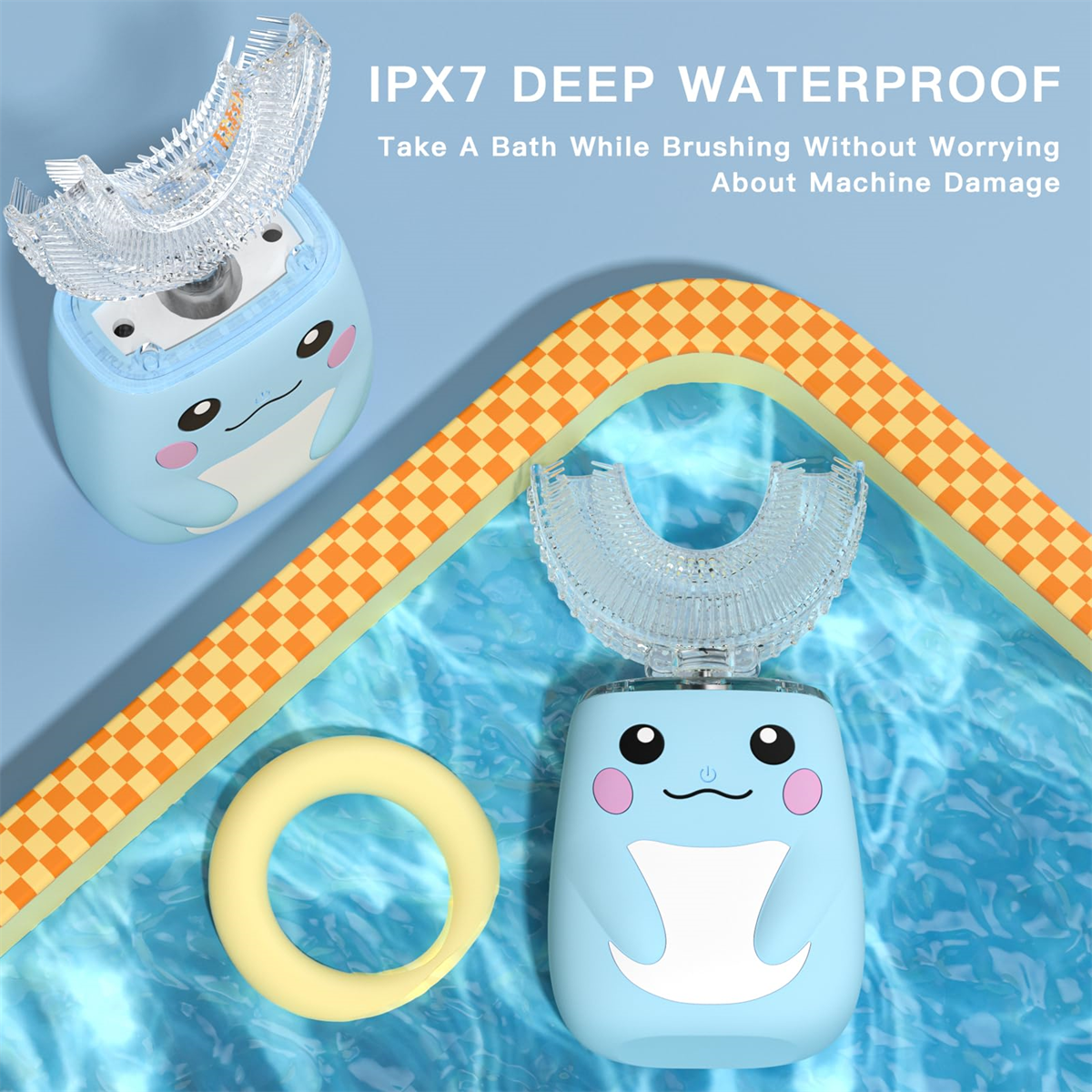 Zwei blaue elektrische Zahnbürsten mit gelbem Ring und Text: IPX7 WASSERDICHT.