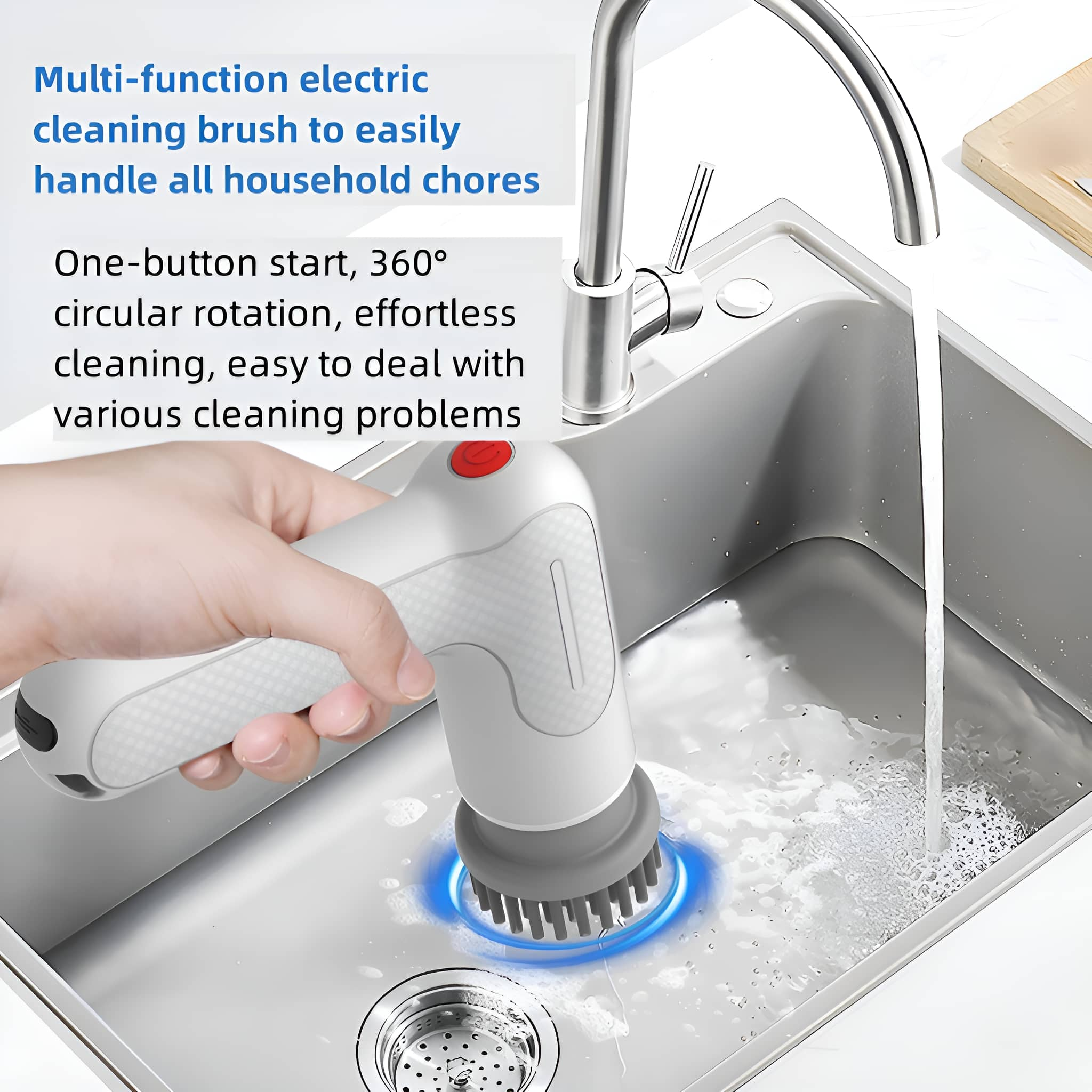 Hand benutzt Reinigungsbürste in einem Waschbecken. Wasser läuft. Text: Multifunktionsbürste, einfach zu handhaben.