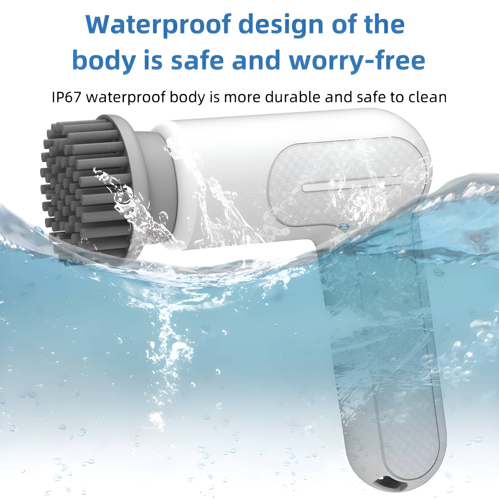 Weißes Reinigungsgerät mit Bürstenkopf im Wasser, mit Text.