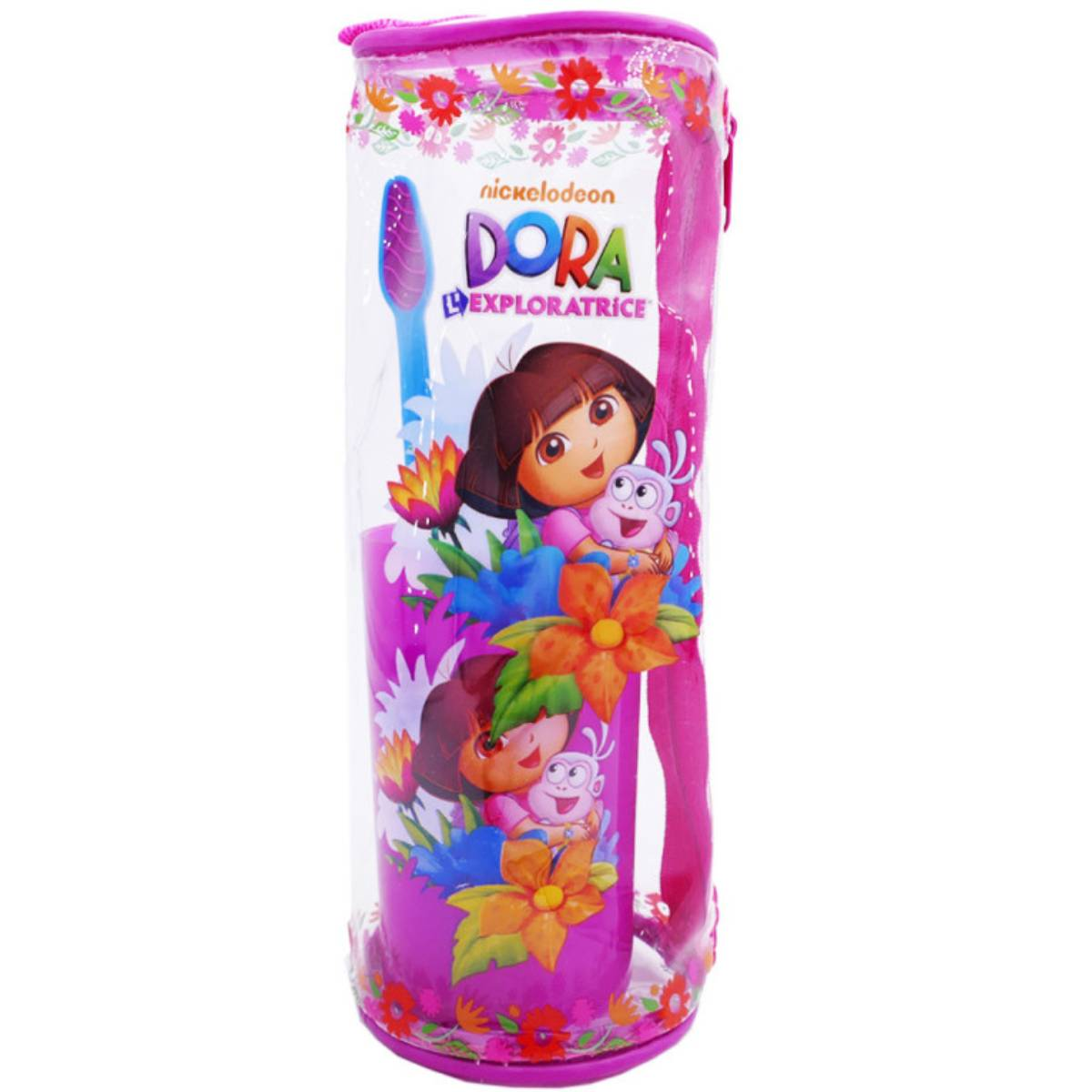 Ein Dora the Explorer Federmäppchen mit Blumen und Figuren.