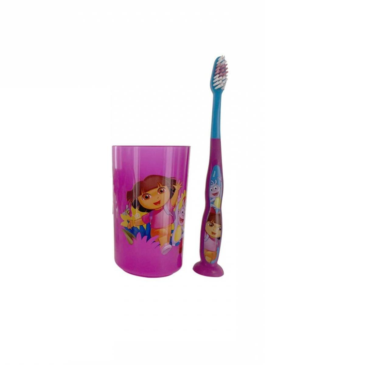 Eine rosa Dora the Explorer Zahnbürste und passender Becher mit Dora-Motiv.