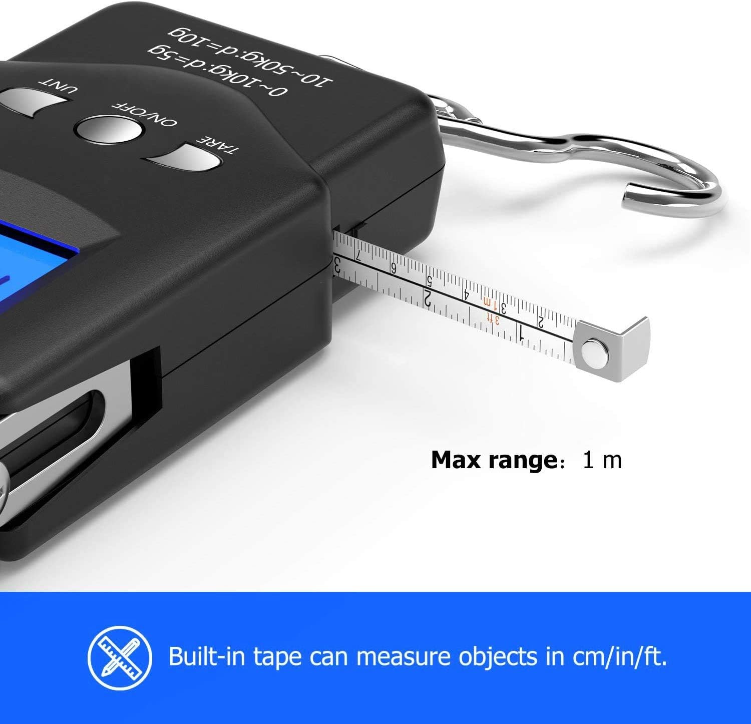 Eine schwarz-silberne Digitalwaage mit eingebautem Maßband. Misst in cm/Zoll/Fuß, max. Bereich: 1 m.