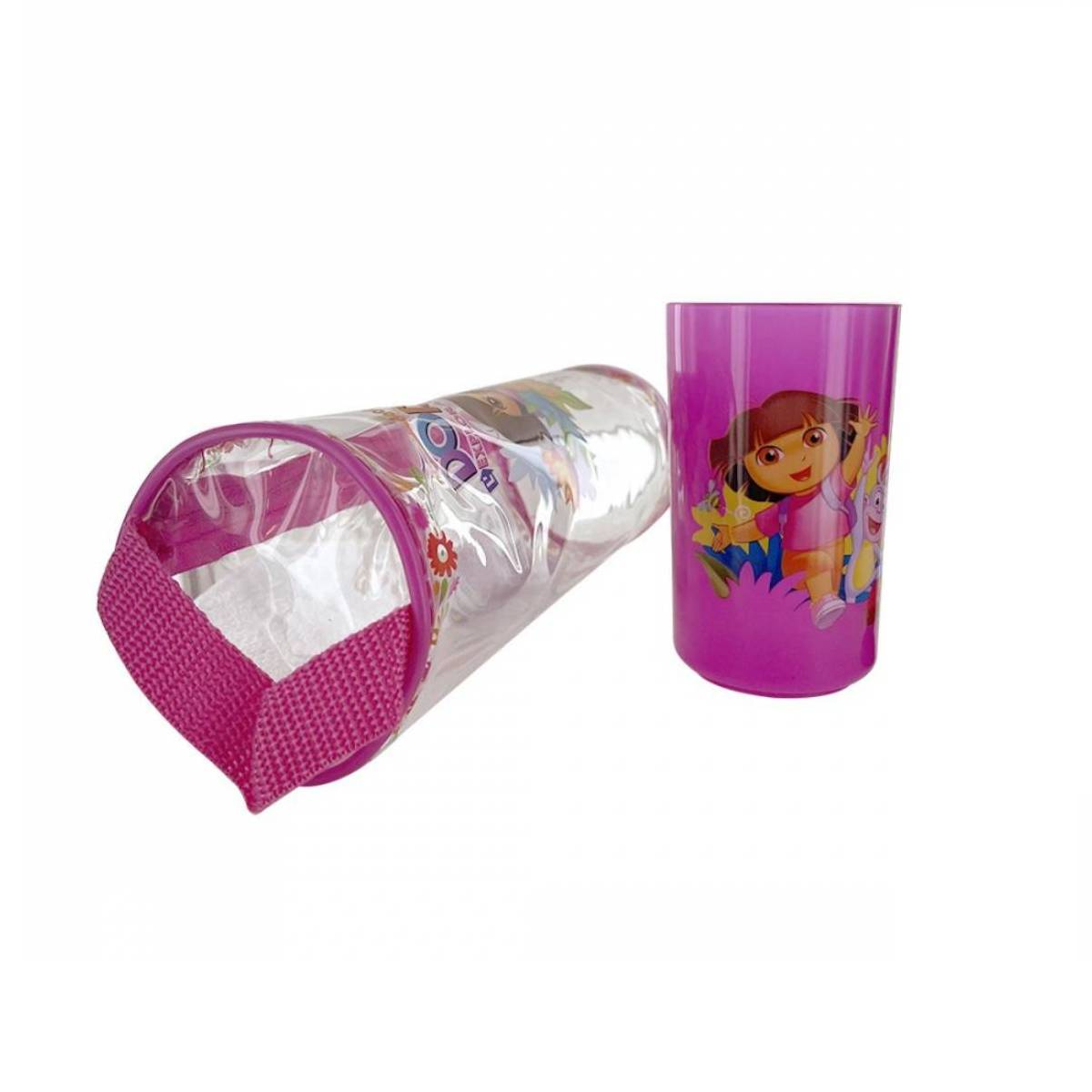 Rosa Dora the Explorer-Becher und ein transparenter Behälter mit rosa Rand auf weißem Hintergrund.