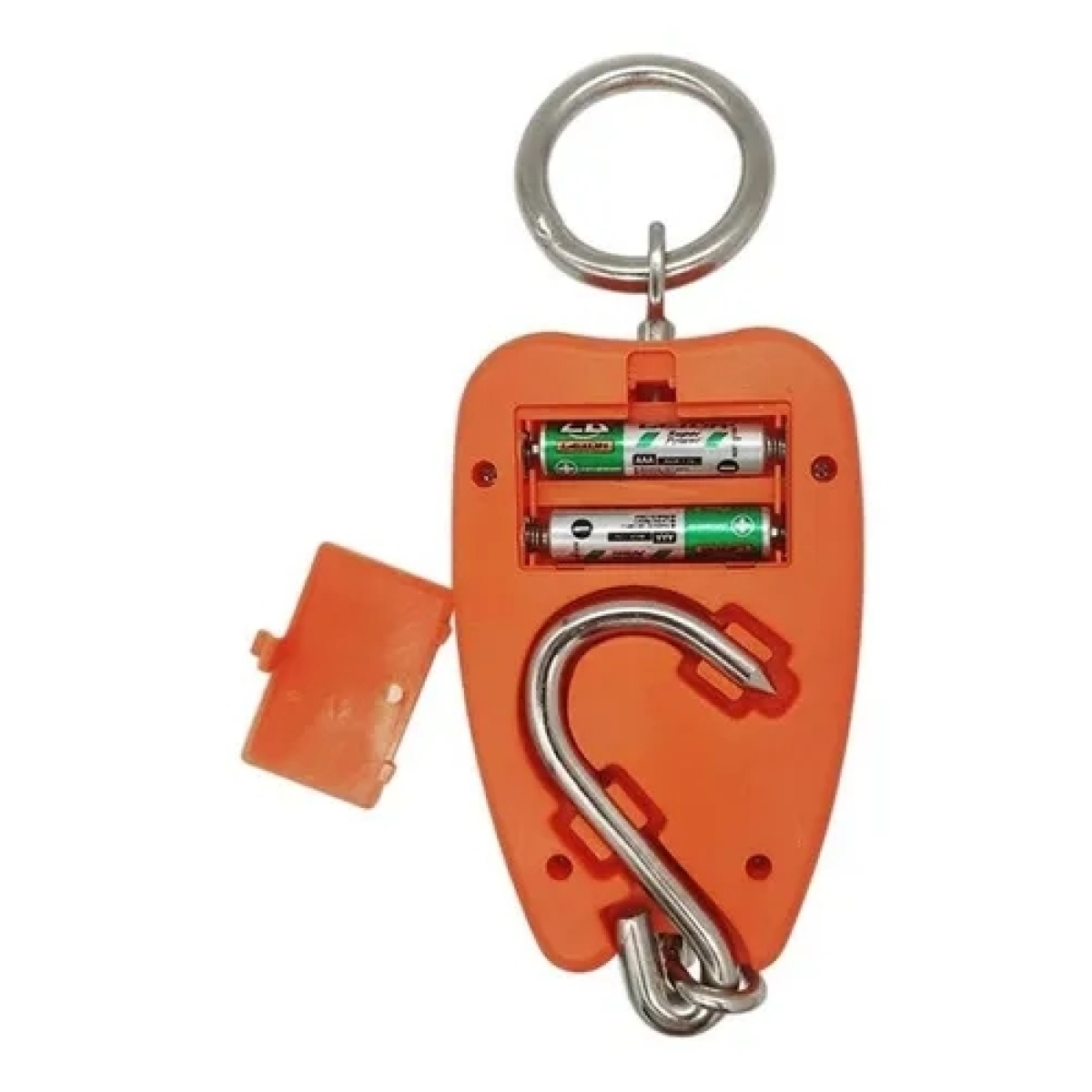 Orange digitale Waage mit Batterien und Haken.