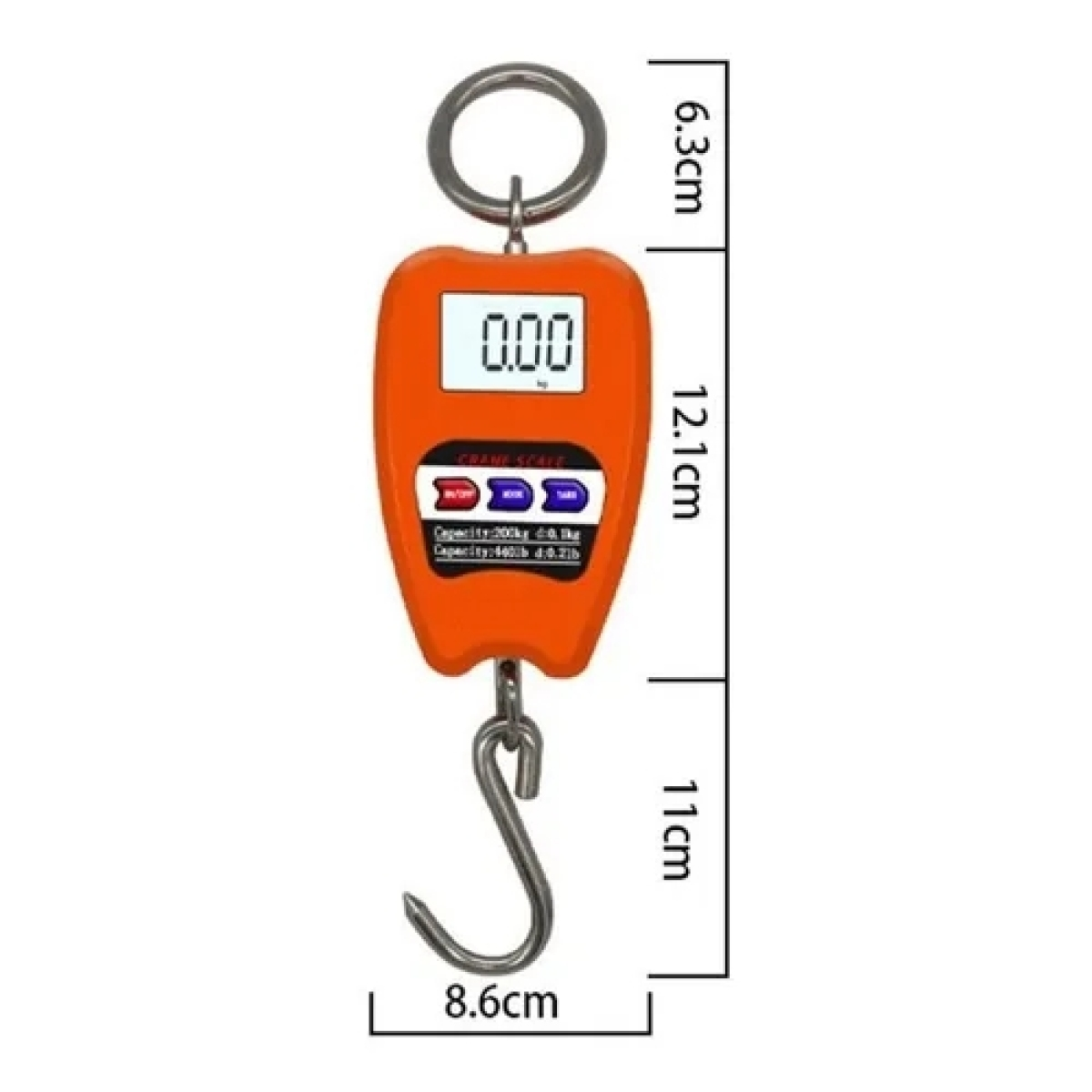 Orange digitale Hängewaage. Die Waage zeigt 0,00 an.