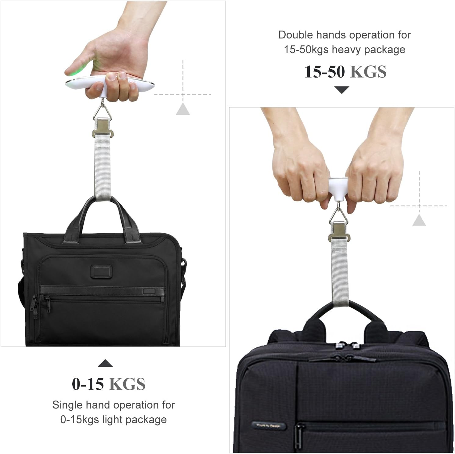 Zwei Bilder zeigen eine Waage mit Tasche und Koffer. Eines zeigt 0-15 kg, das andere 15-50 kg.
