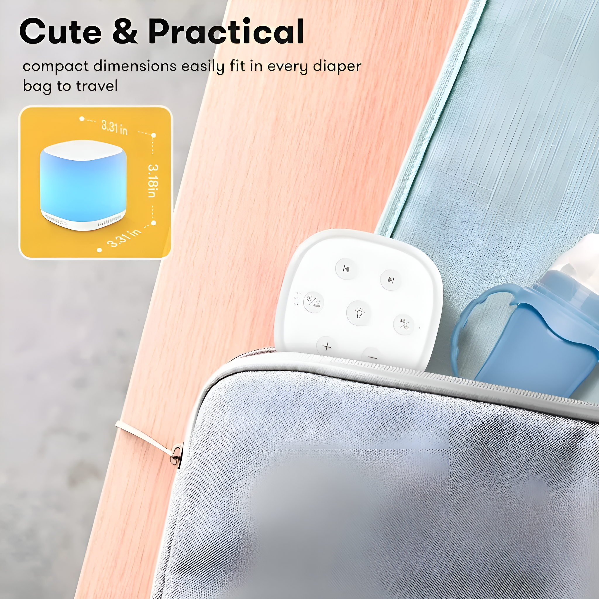 Kleines blaues Licht, weiße Fernbedienung, Babyflasche in einer Tasche. Text: Cute & Practical.