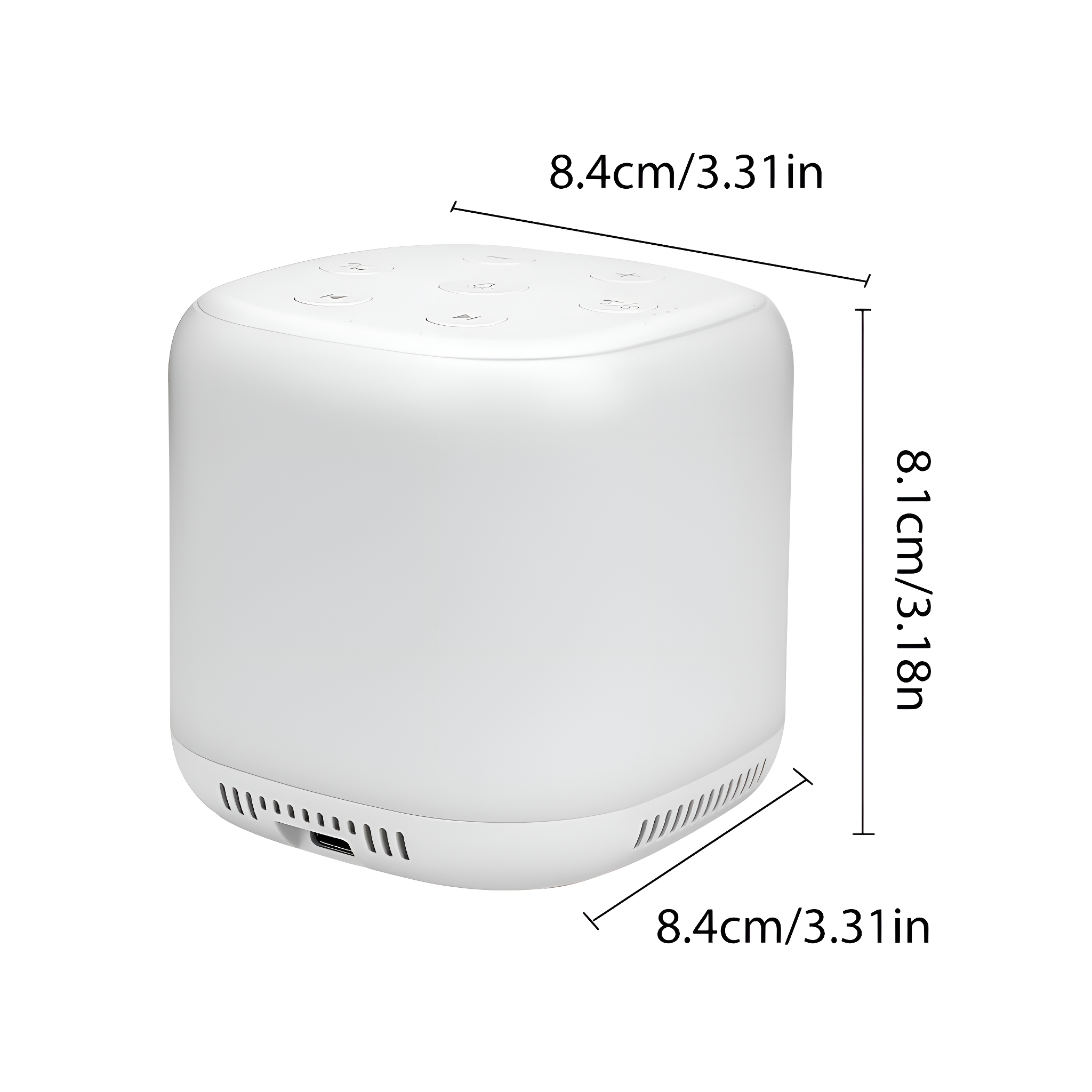 Ein weißer würfelförmiger Lautsprecher mit den Abmessungen 8,4 cm/3,31 Zoll, 8,1 cm/3,18 Zoll und 8,4 cm/3,31 Zoll.