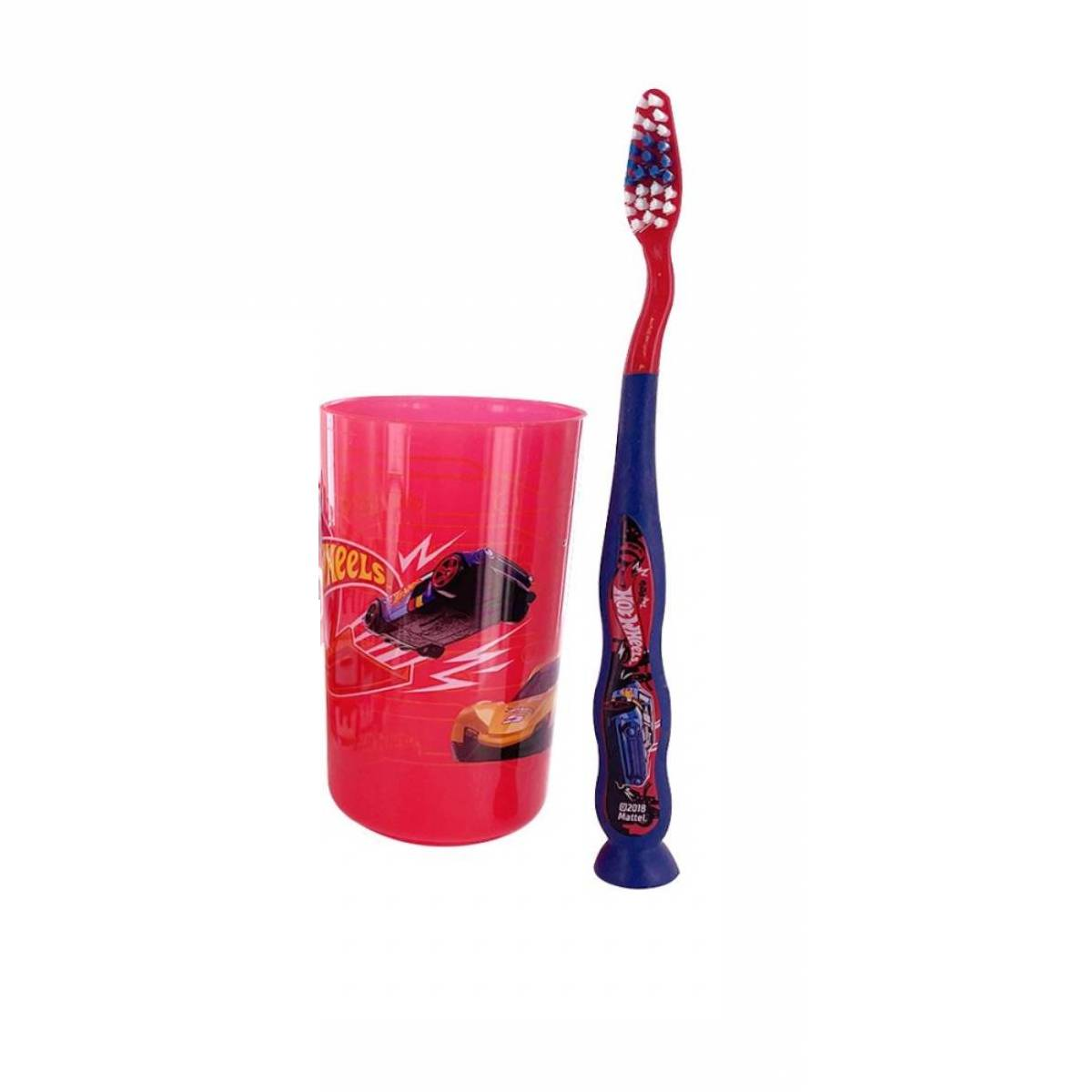 Roter Becher mit Hot Wheels-Logo und eine blau-rote Zahnbürste.