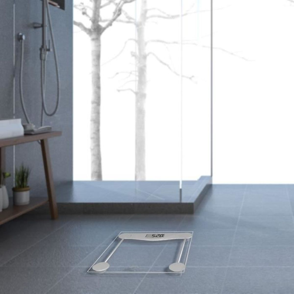 Scena łazienkowa z wagą i prysznicem. Szara podłoga i białe ściany.