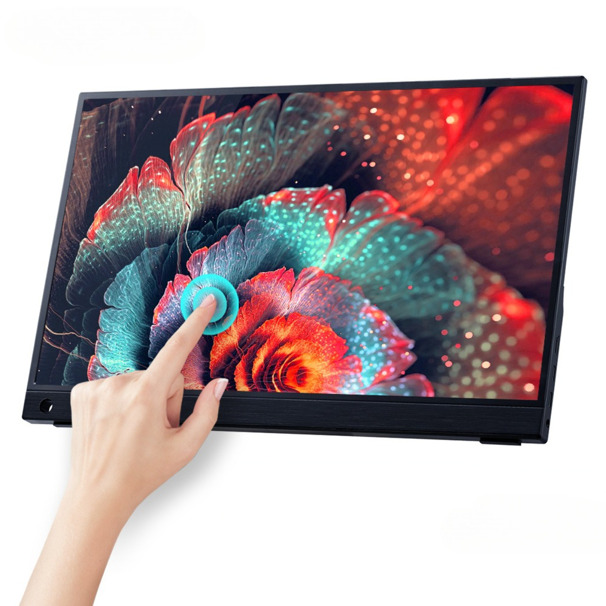 Ein schwarzer Touchscreen-Monitor, der bunte abstrakte Kunst zeigt, mit einer Hand, die den Bildschirm berührt.