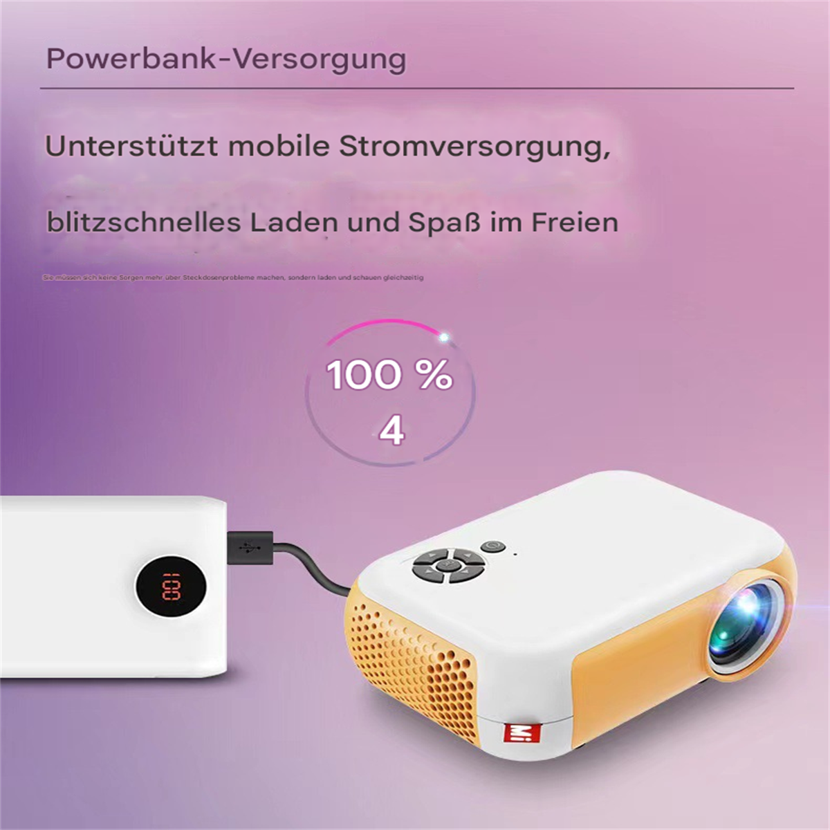 Ein weiß-orangefarbener Projektor ist mit einer Powerbank verbunden, die 100 % Ladung anzeigt.