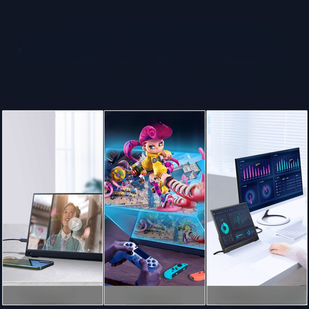 Eine Collage von drei Bildern, die Gaming-Bildschirme auf verschiedenen Geräten zeigen.