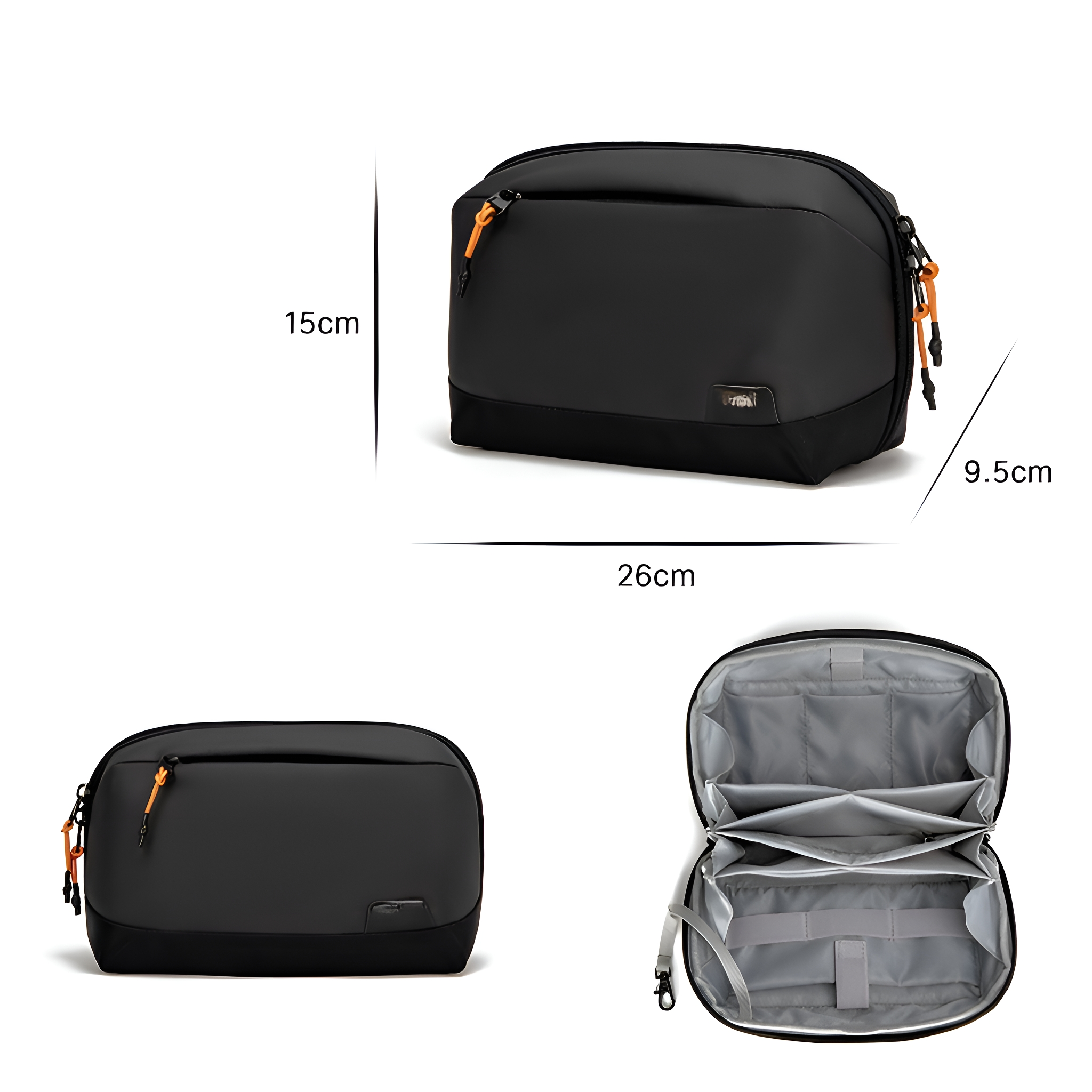 Schwarze Reisetasche mit orangefarbenen Reißverschlüssen, Abmessungen sind angegeben. Geöffnete Tasche zeigt Fächer.