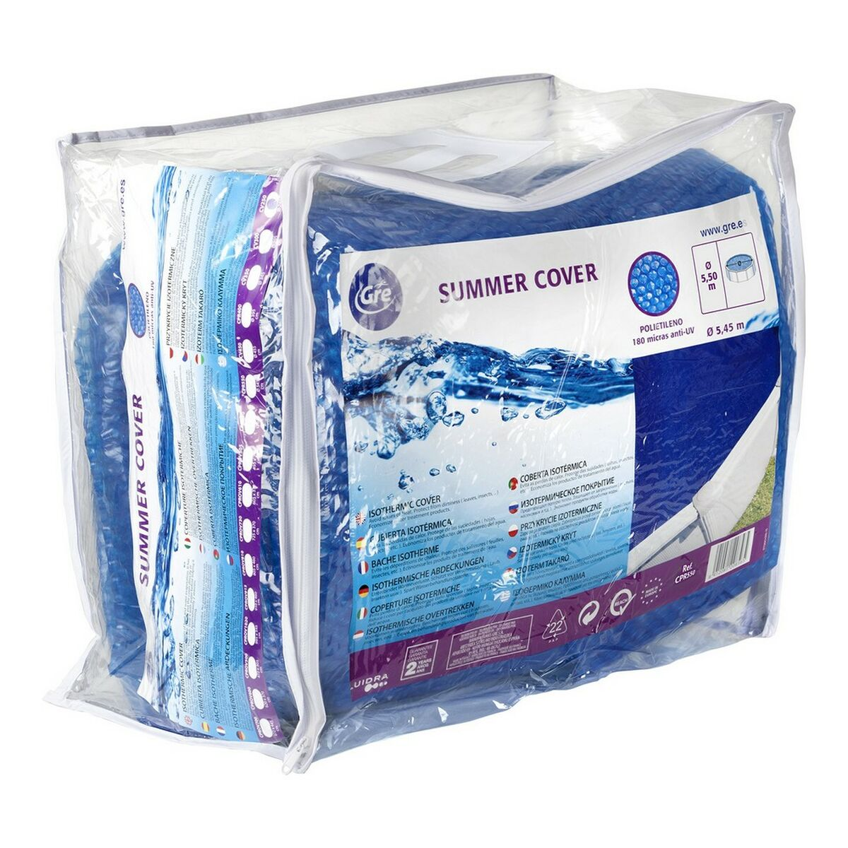 Blaue Sommer-Poolabdeckung, verpackt in Kunststoff.
