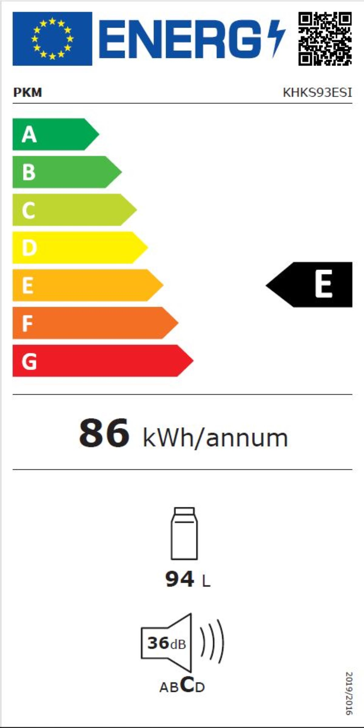Energielabel mit Bewertungen von A bis G, zeigt E, 86 kWh/Jahr, 94 L, 36dB.