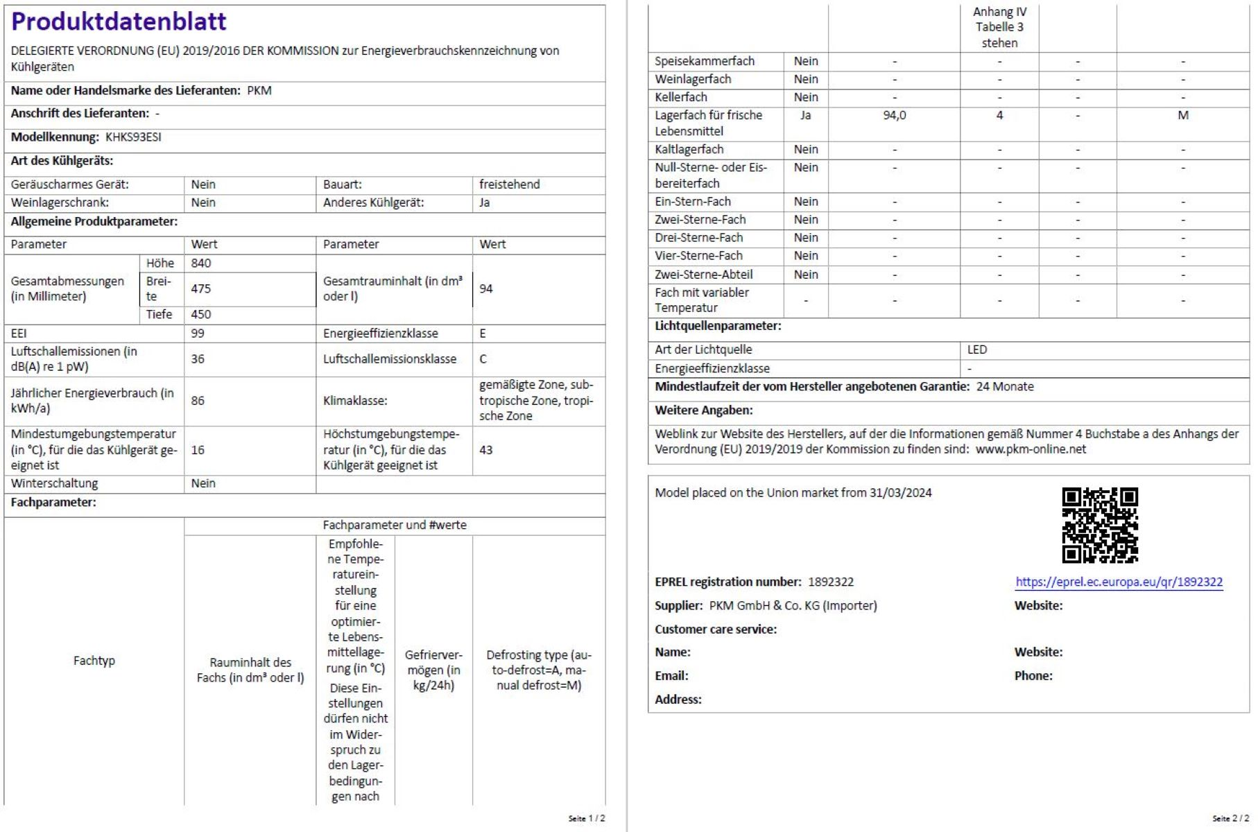 Ein deutsches Dokument mit Tabellen und Text. Es ist ein Produktdatenblatt.