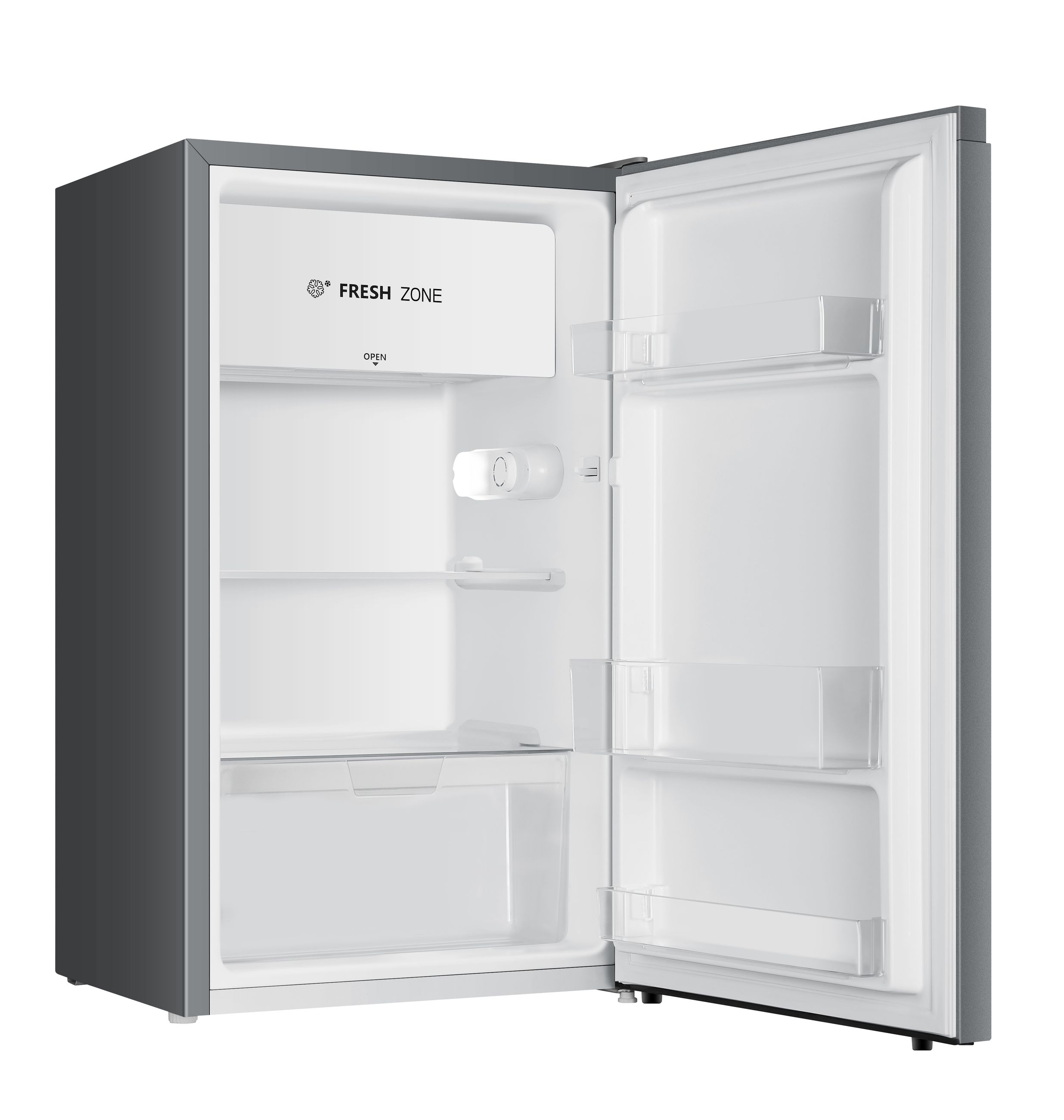 Ein grauer Mini-Kühlschrank mit offener Tür. Im Inneren befinden sich Regale und ein FRESH ZONE-Etikett.