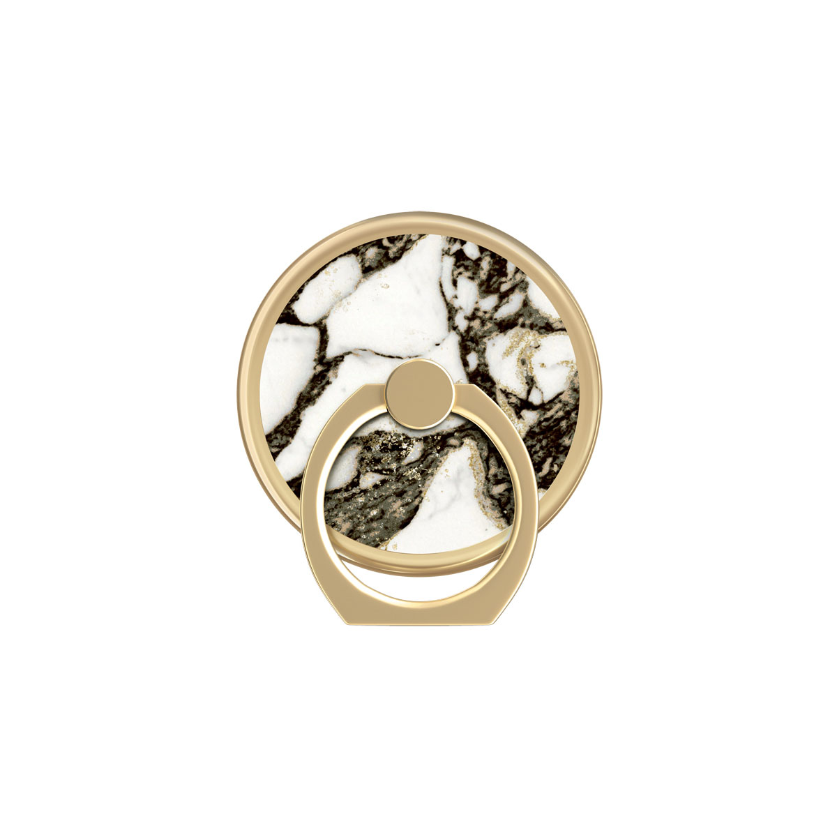 Supporto ad anello per telefono dorato con design in marmo bianco e nero. È rotondo e ha un anello dorato.
