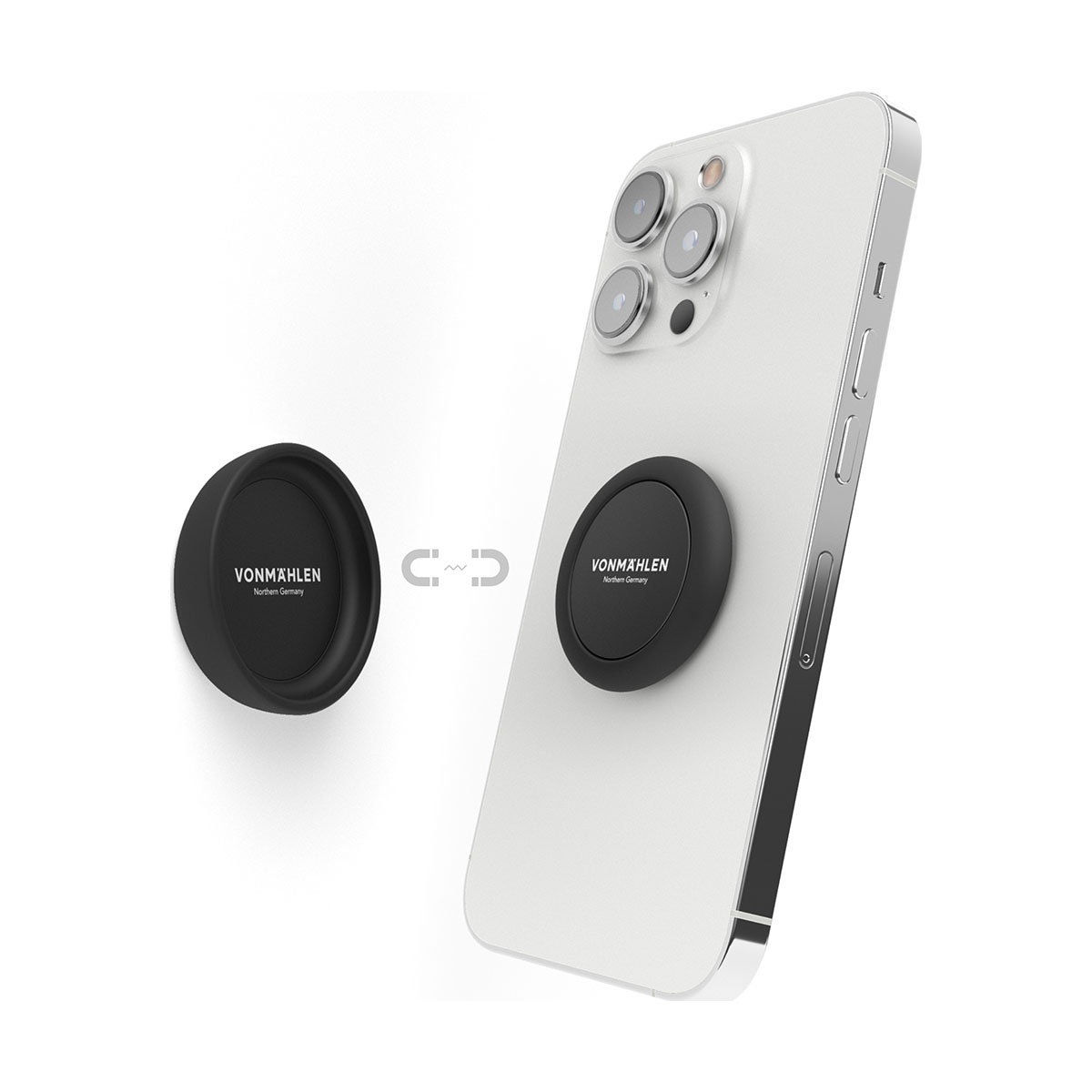 Due accessori per telefono neri Vonmählen. Uno attaccato al telefono, uno separato.