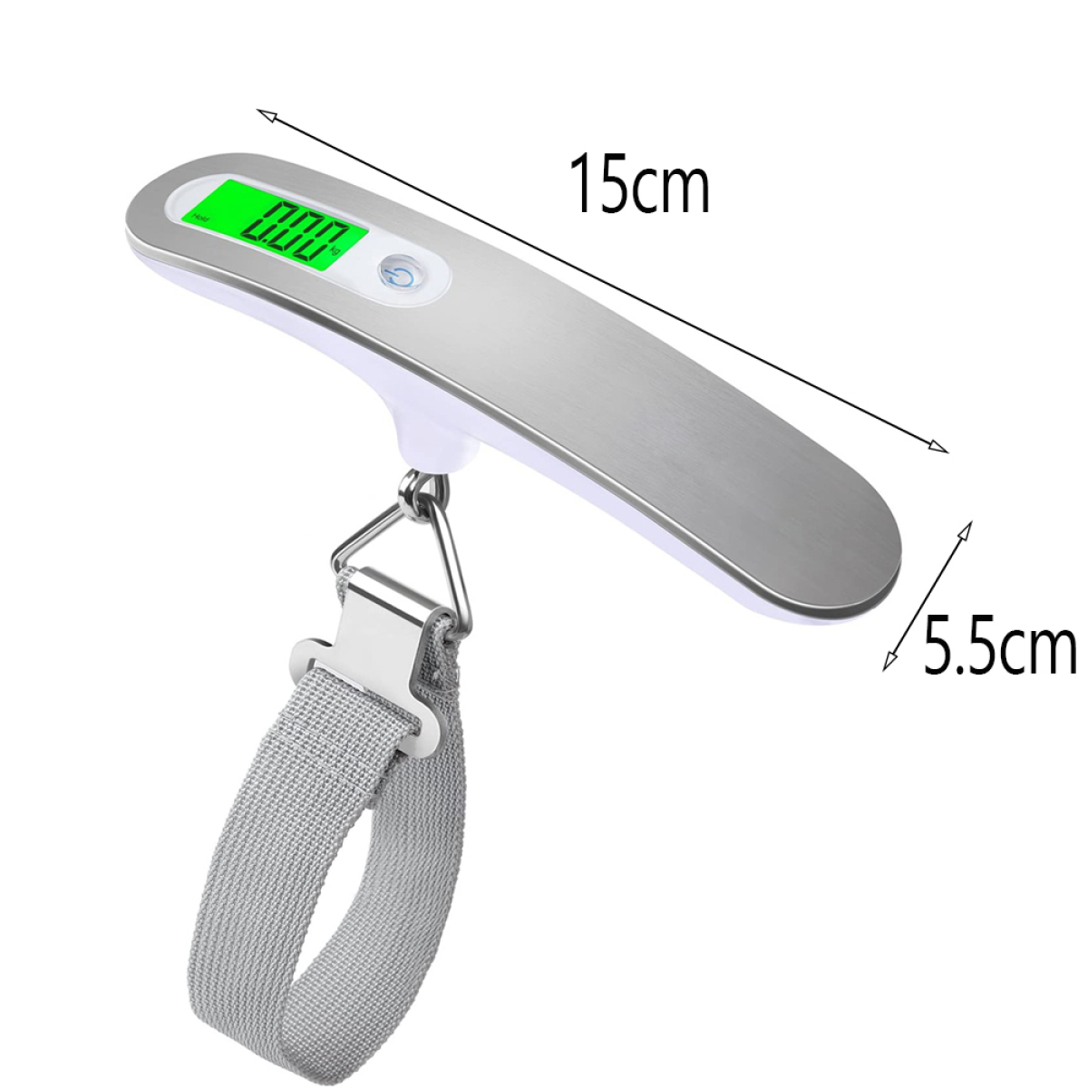 Silberne Gepäckwaage mit Digitalanzeige, grauem Gurt und den Maßen: 15cm x 5,5cm.