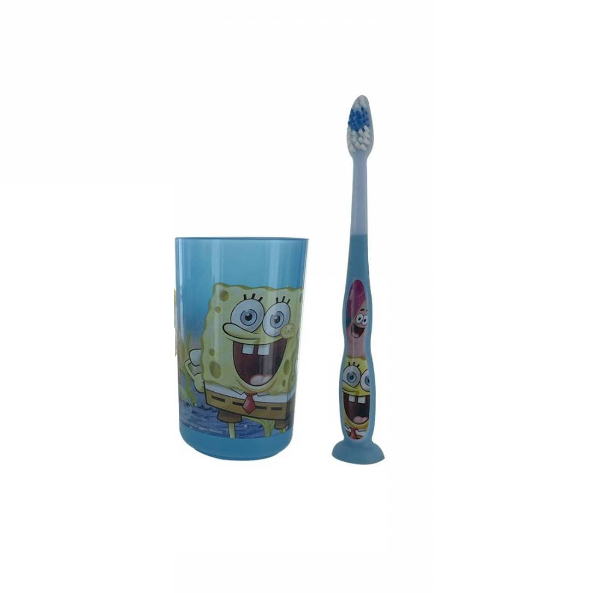 SpongeBob Zahnbürsten- und Bechersatz. Der Becher zeigt SpongeBob. Zahnbürste blau und gelb.
