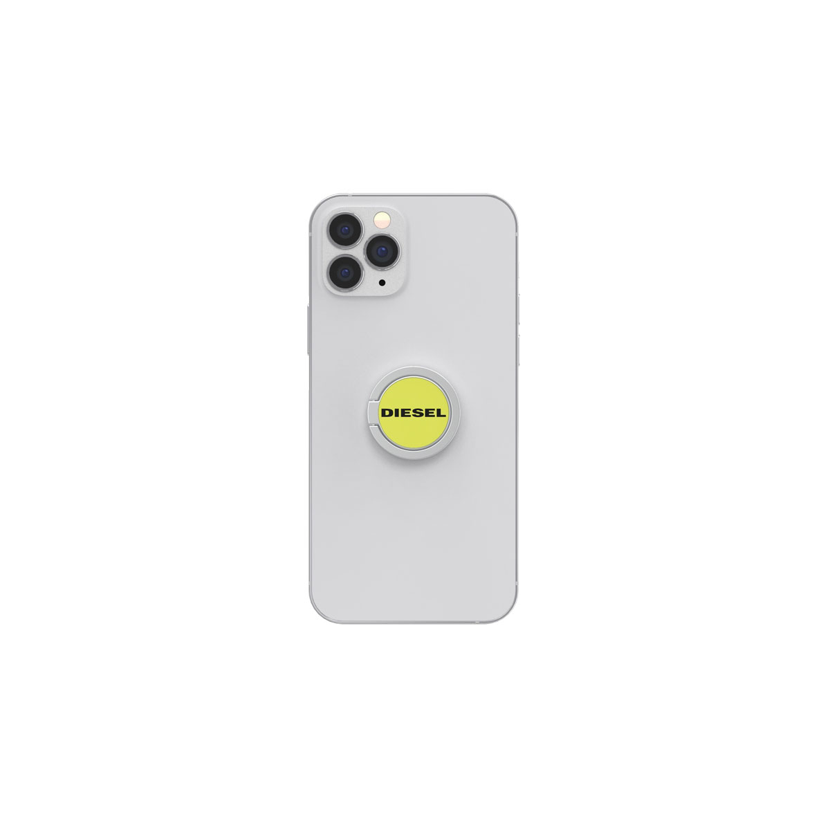 Un iPhone blanco con un soporte emergente con el logotipo de Diesel adjunto.