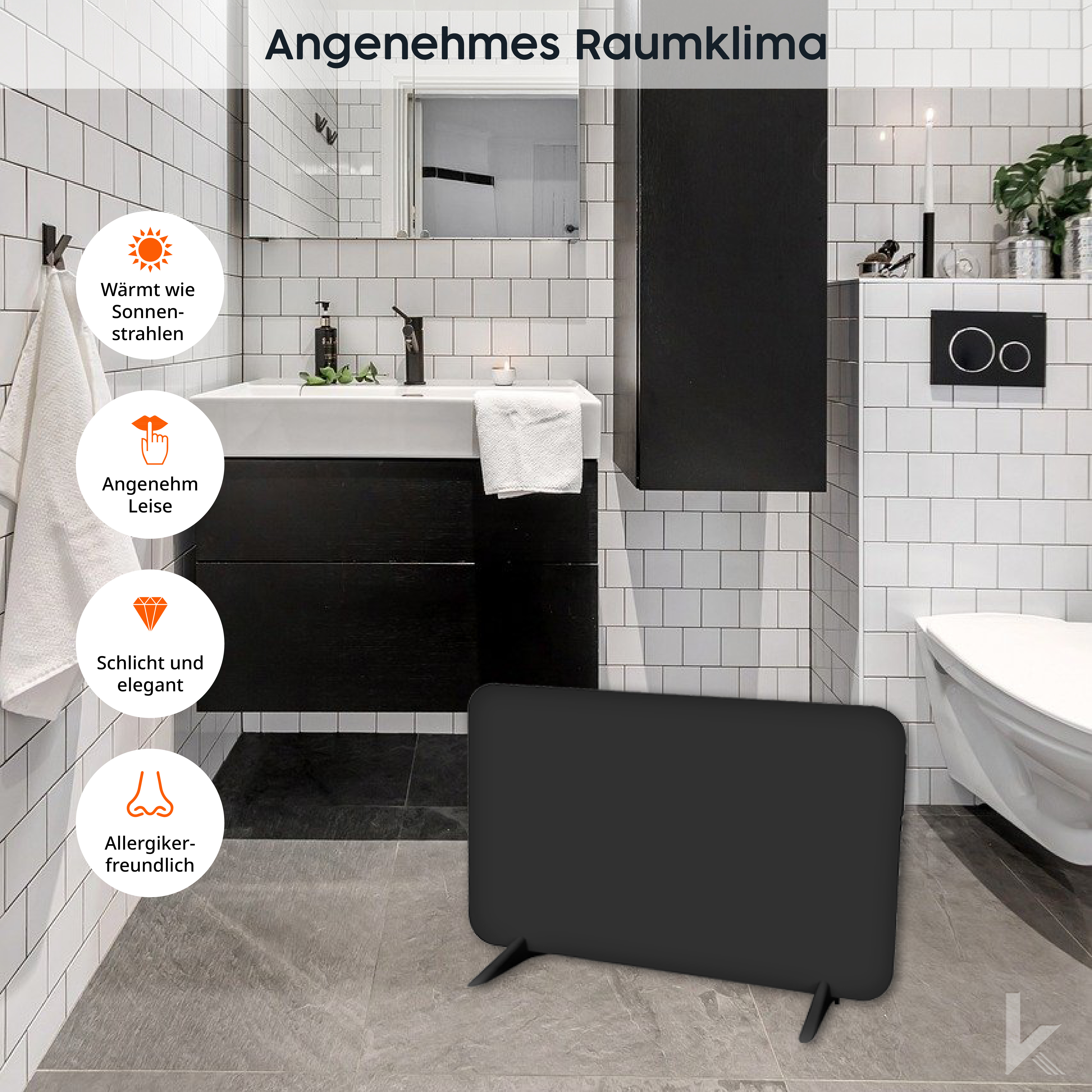 Eine schwarze Heizung in einem Badezimmer mit Textbeschriftungen zu Komfort und Luftqualität.