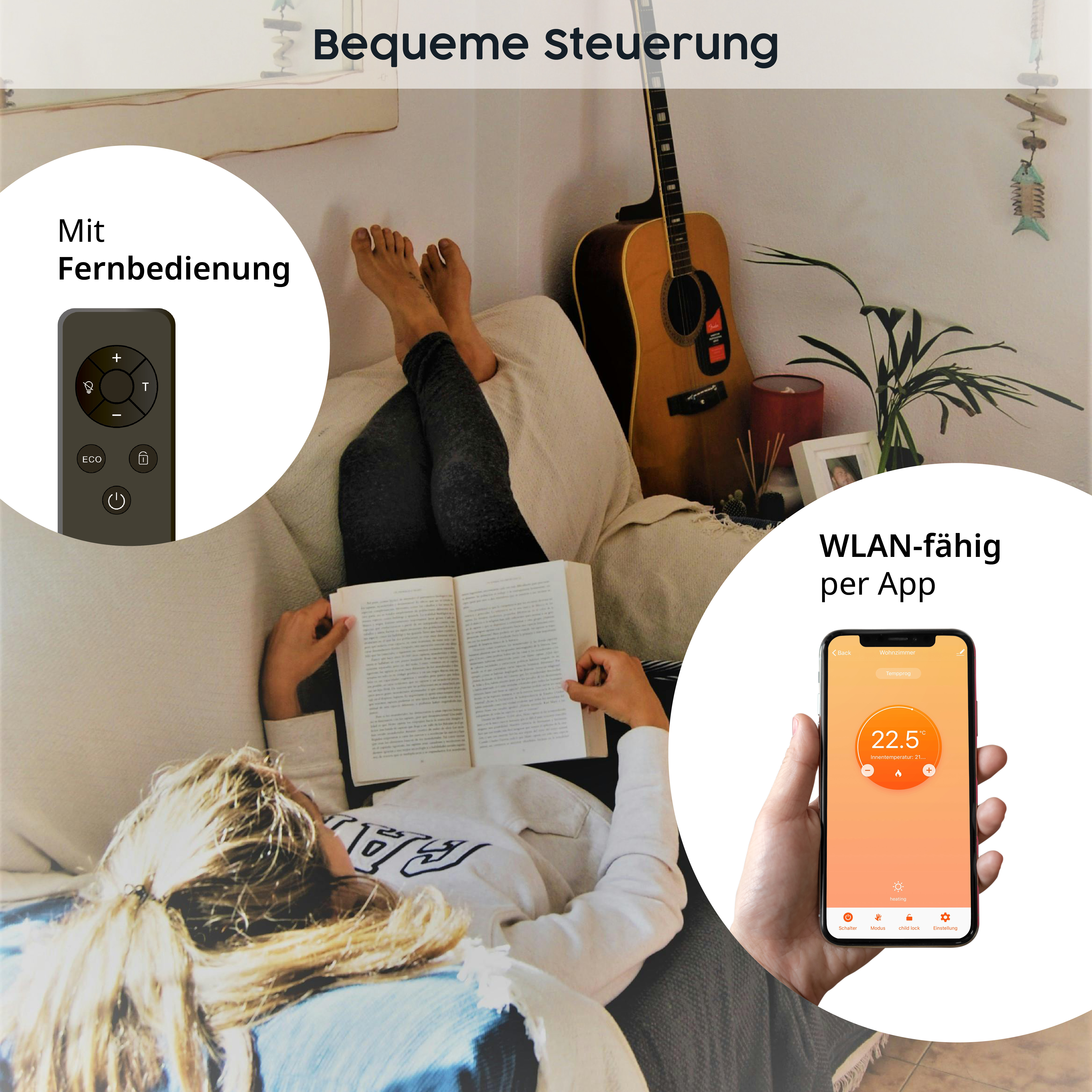 Frau liegt auf einem Sofa und liest. Eine Fernbedienung und ein Telefon sind sichtbar mit Text: WLAN-fähig per App.