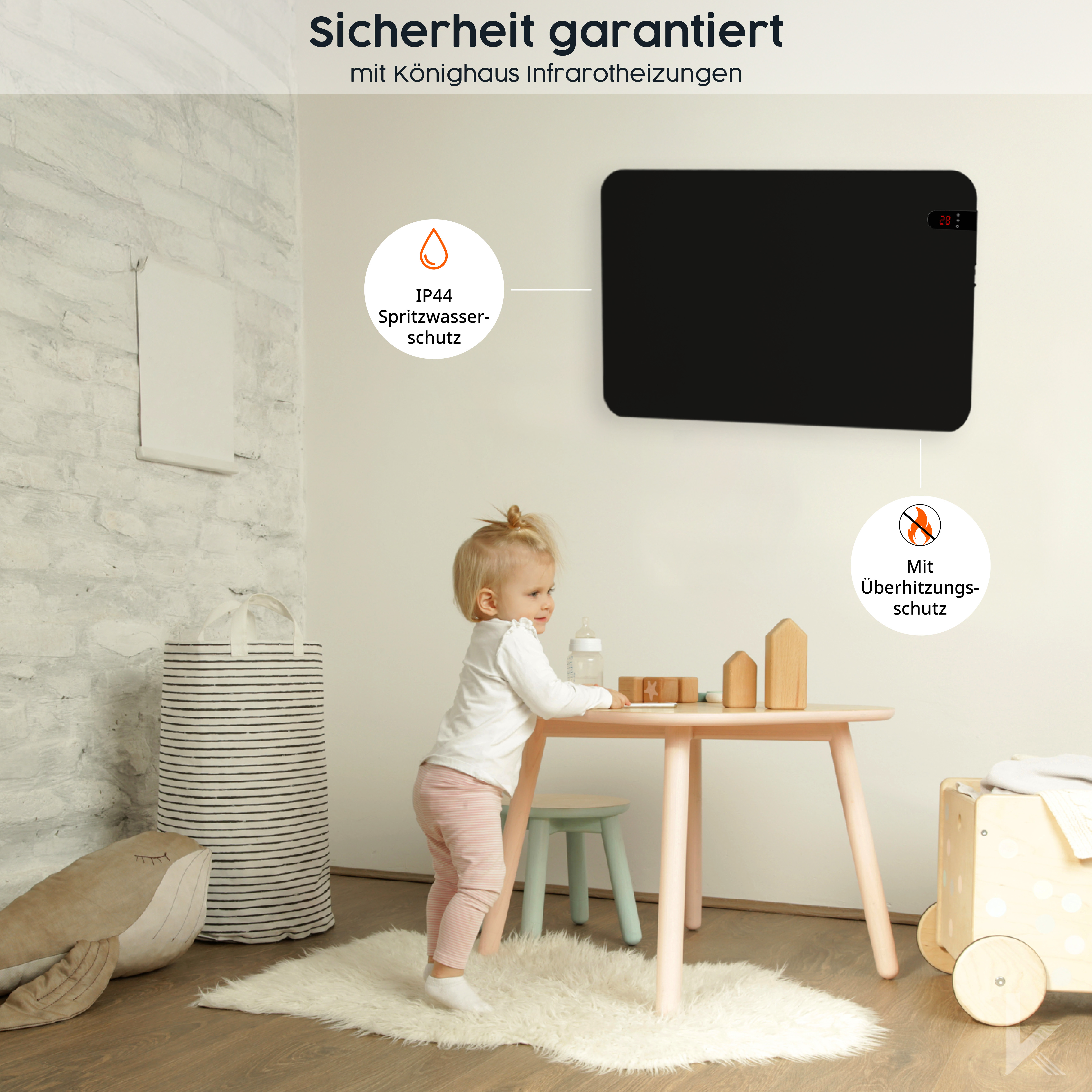 Ein Kind steht vor einer schwarzen Heizung. Die Heizung ist an einer weißen Ziegelmauer montiert.