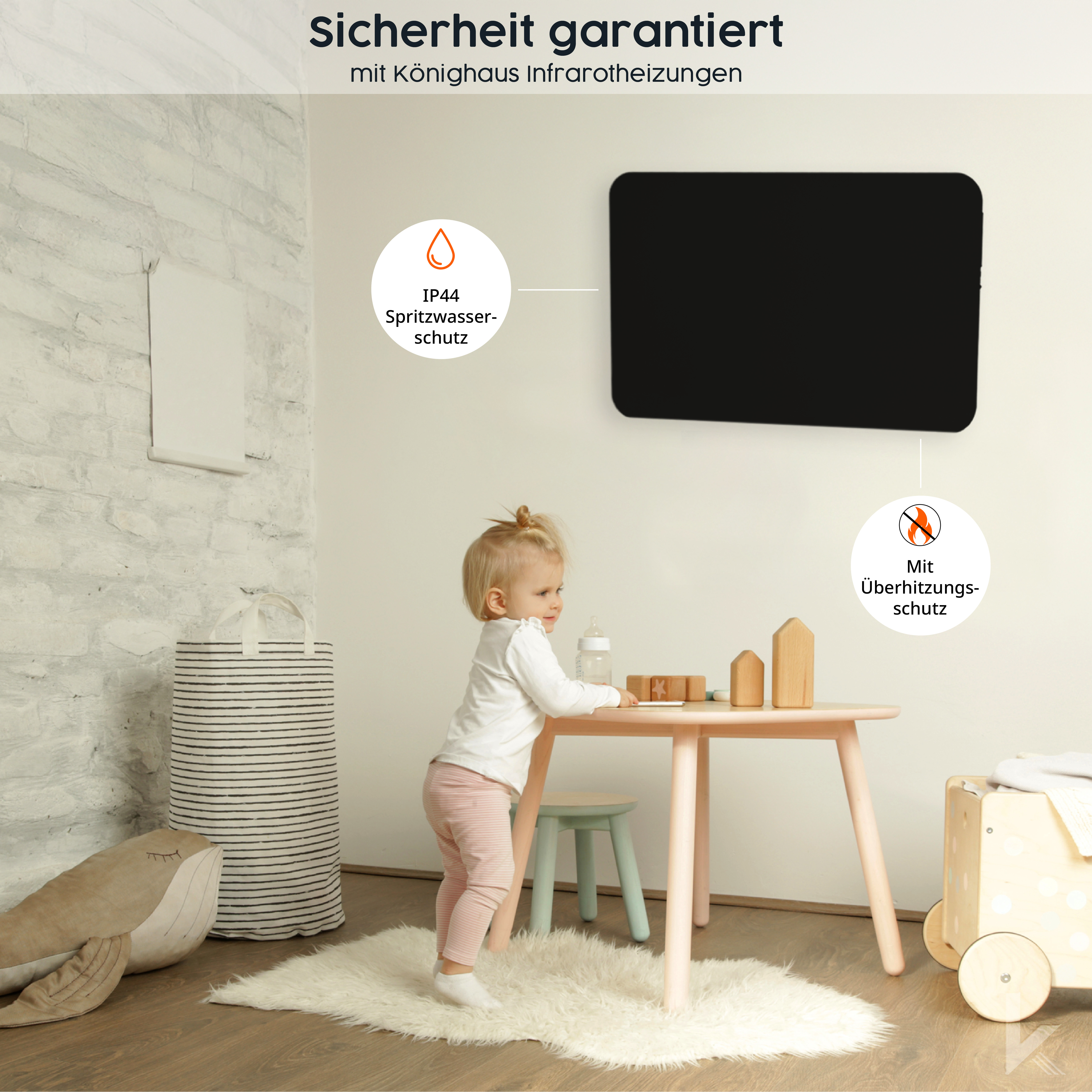 Kind in der Nähe einer Heizung mit Sicherheitsmerkmalen.