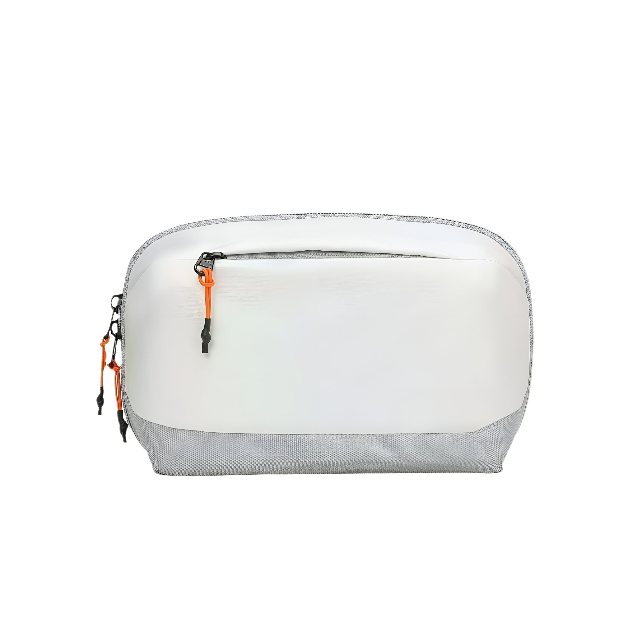 Weiße, rechteckige Tasche mit grauem Boden und orangefarbenen Reißverschlusszügen.