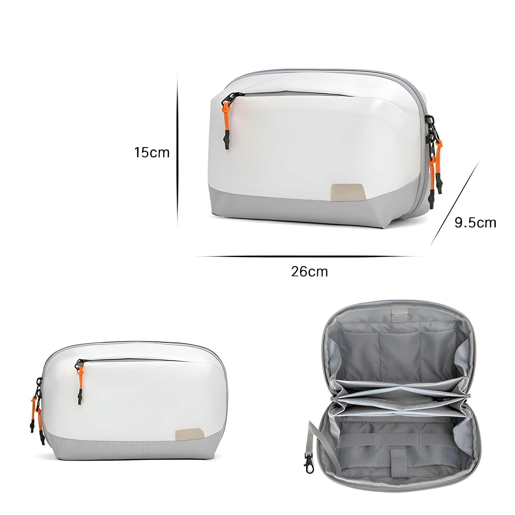 Weiße und graue Tasche mit orangefarbenen Akzenten. Die Abmessungen betragen 26 cm Länge, 15 cm Höhe und 9,5 cm Breite. Drei Ansichten.