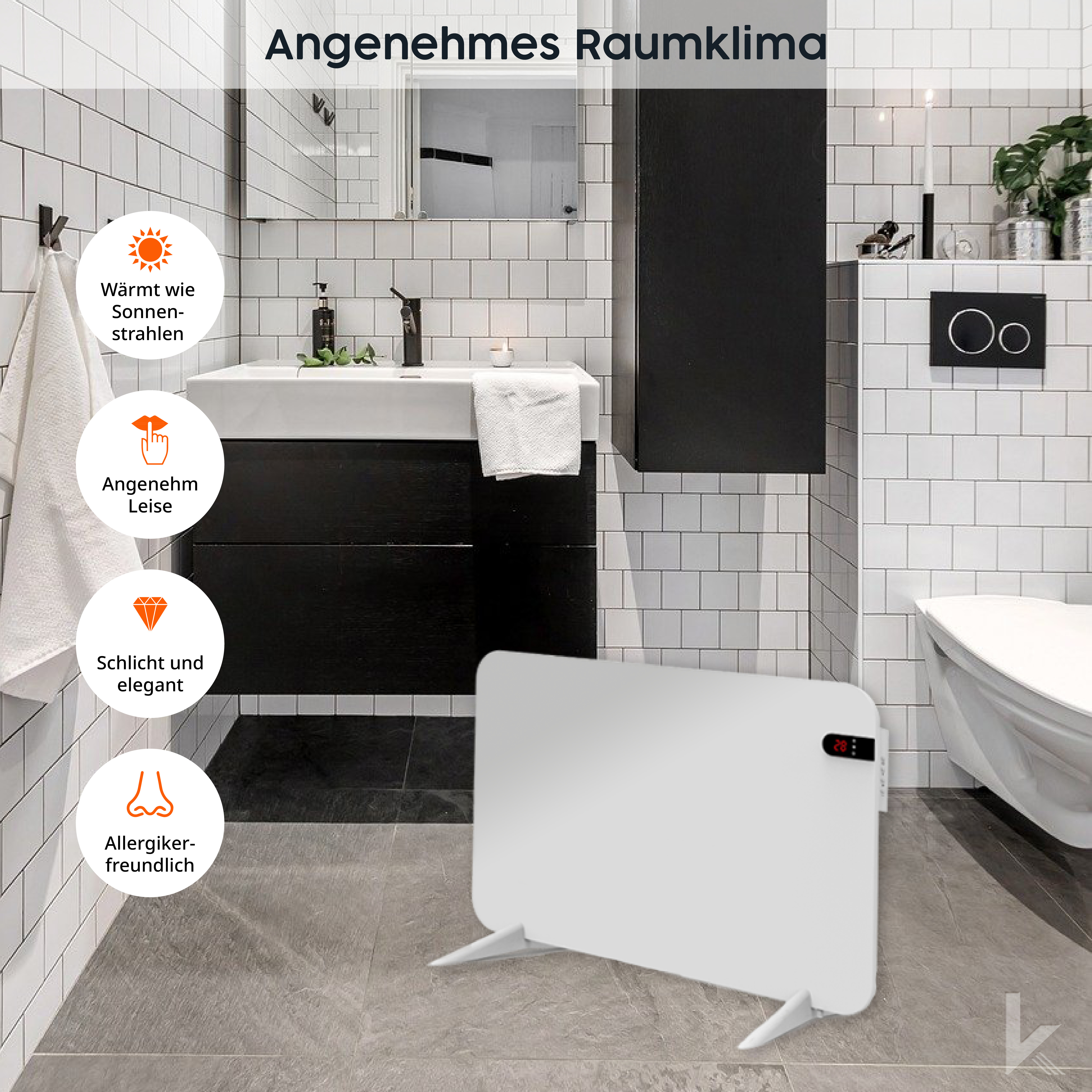 Weißer Heizlüfter in einem Badezimmer mit Textüberlagerungen.