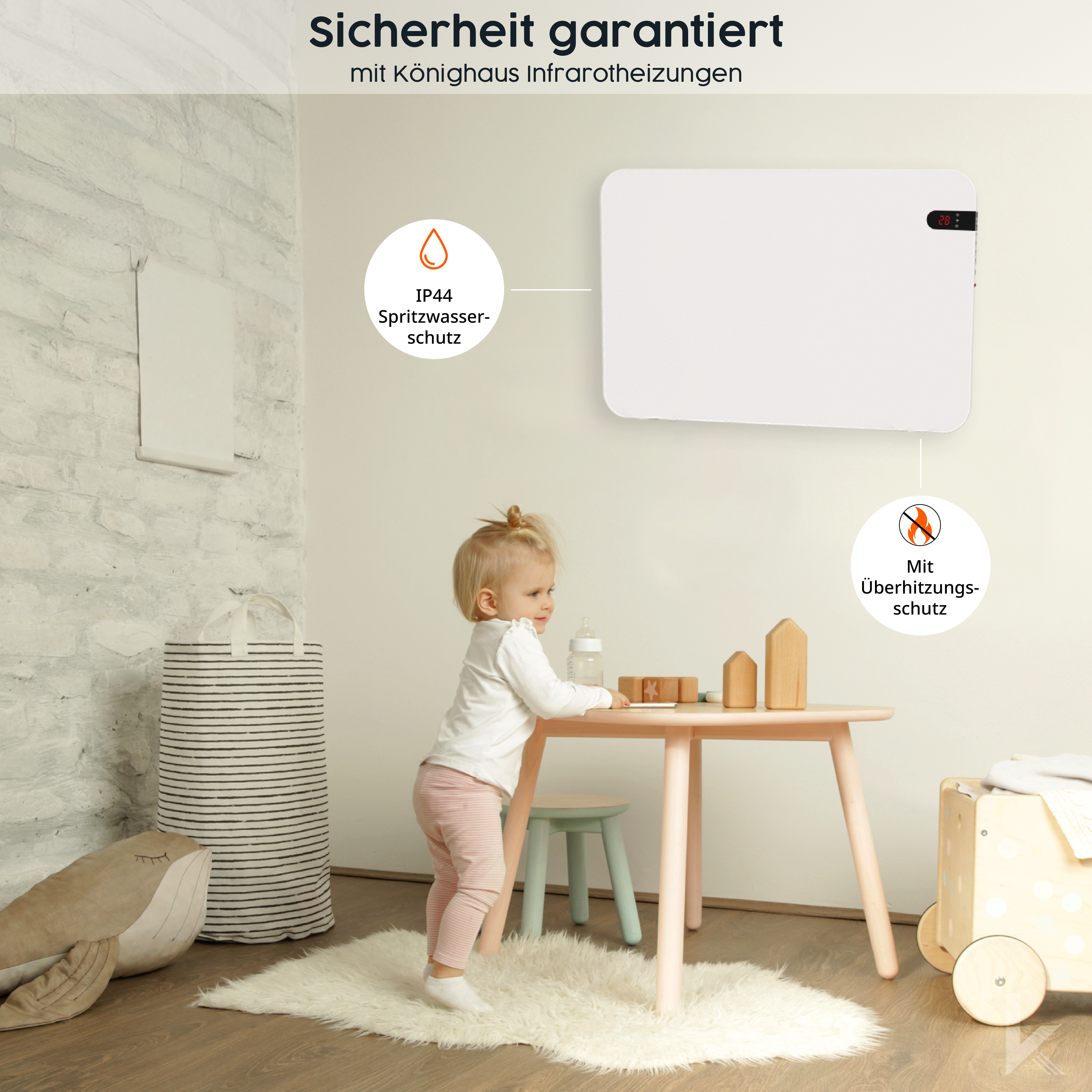 Baby und Heizung am Tisch. Text: Sicherheit garantiert. Weiße Heizung an der Wand. Tisch mit Spielzeug.