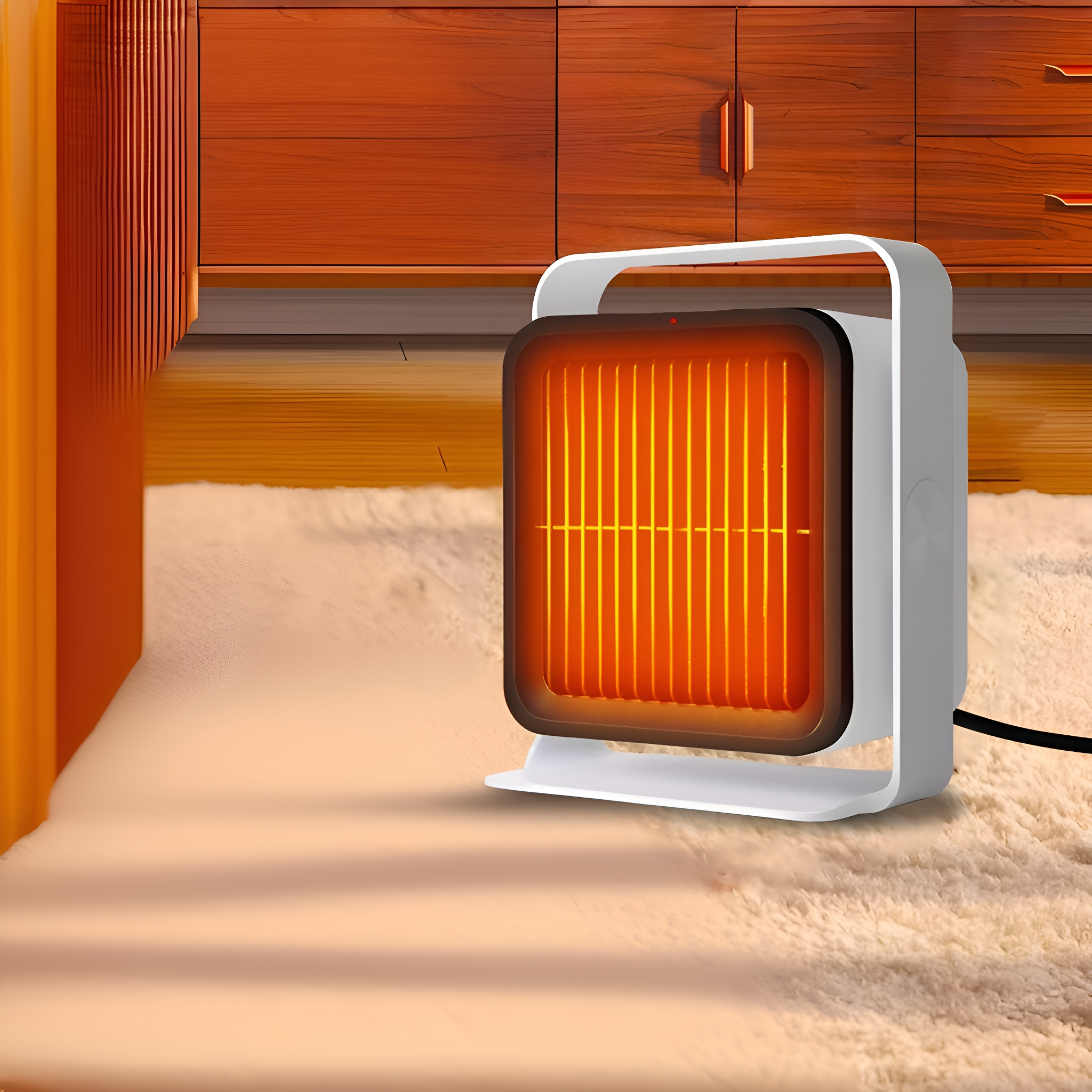 Weißer Heizlüfter auf Teppich, mit glühendem orangefarbenen Heizelement, vor Holzmöbeln.