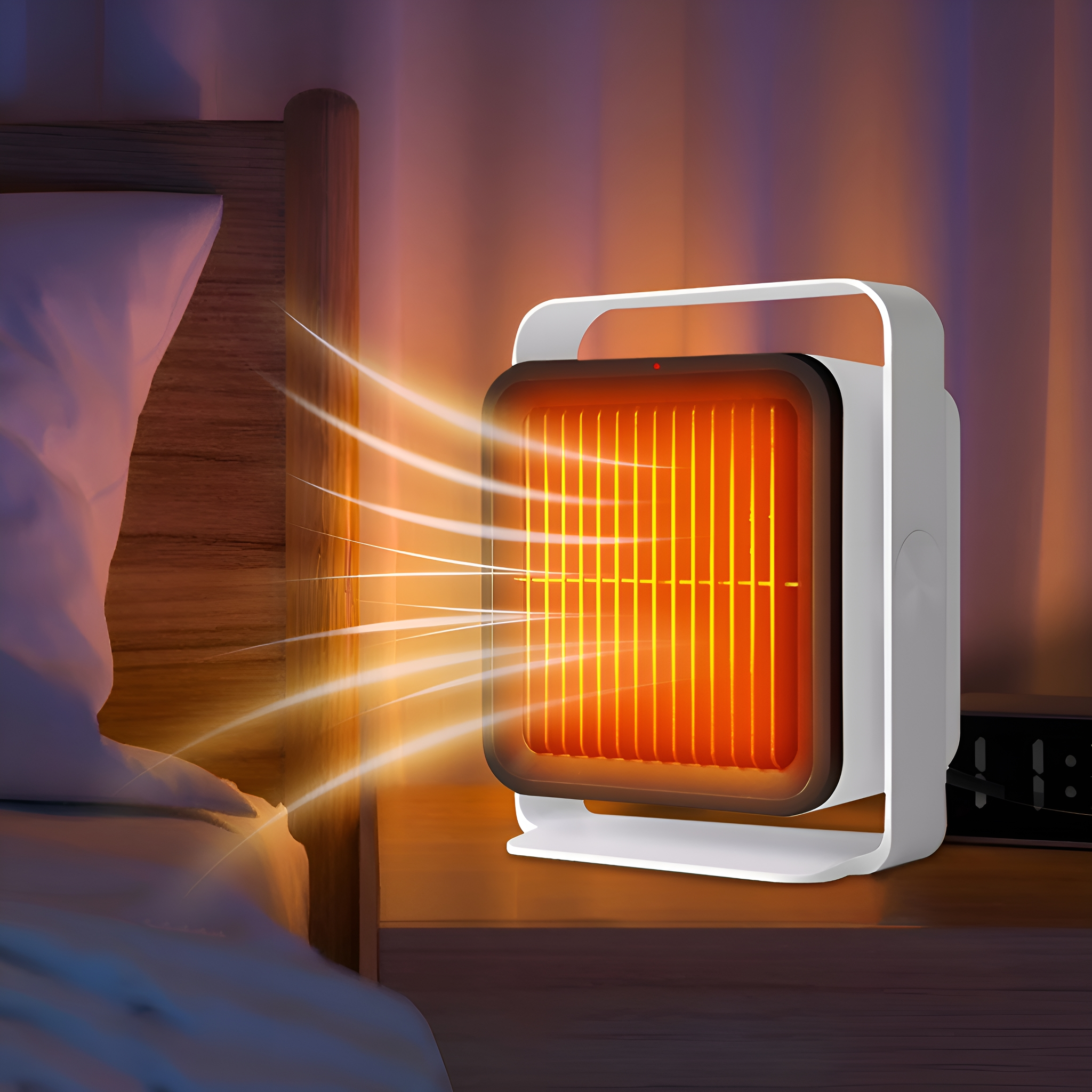 Ein weißer Elektroheizer mit orangefarbenem Glühen, neben einem Bett.