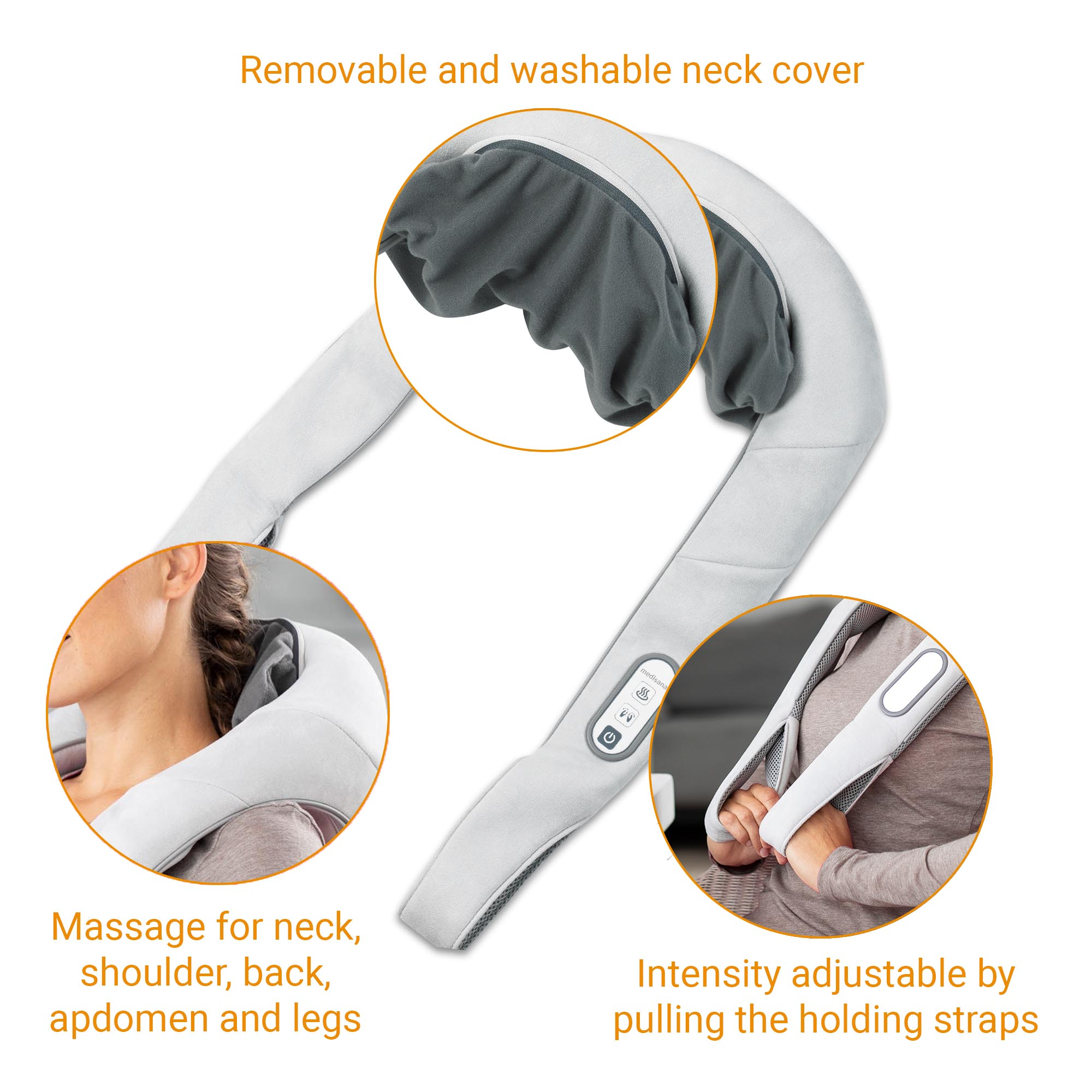 Massaggiatore per collo e spalle con primi piani. Testo: Massaggio per collo, spalle, schiena, addome e gambe.