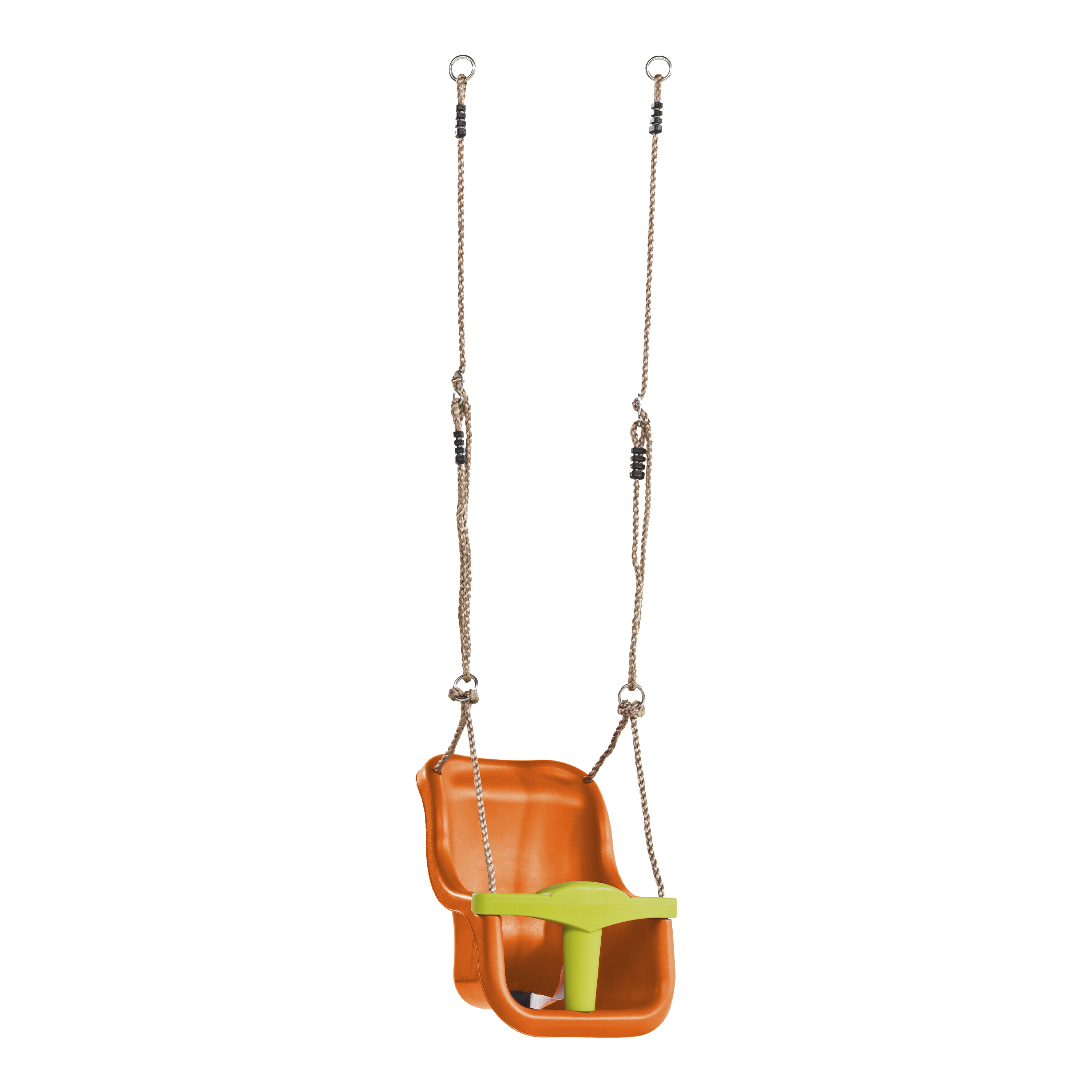 Orangener und grüner Babyschaukel. Sie hängt an Seilen von oben, freigestellt.