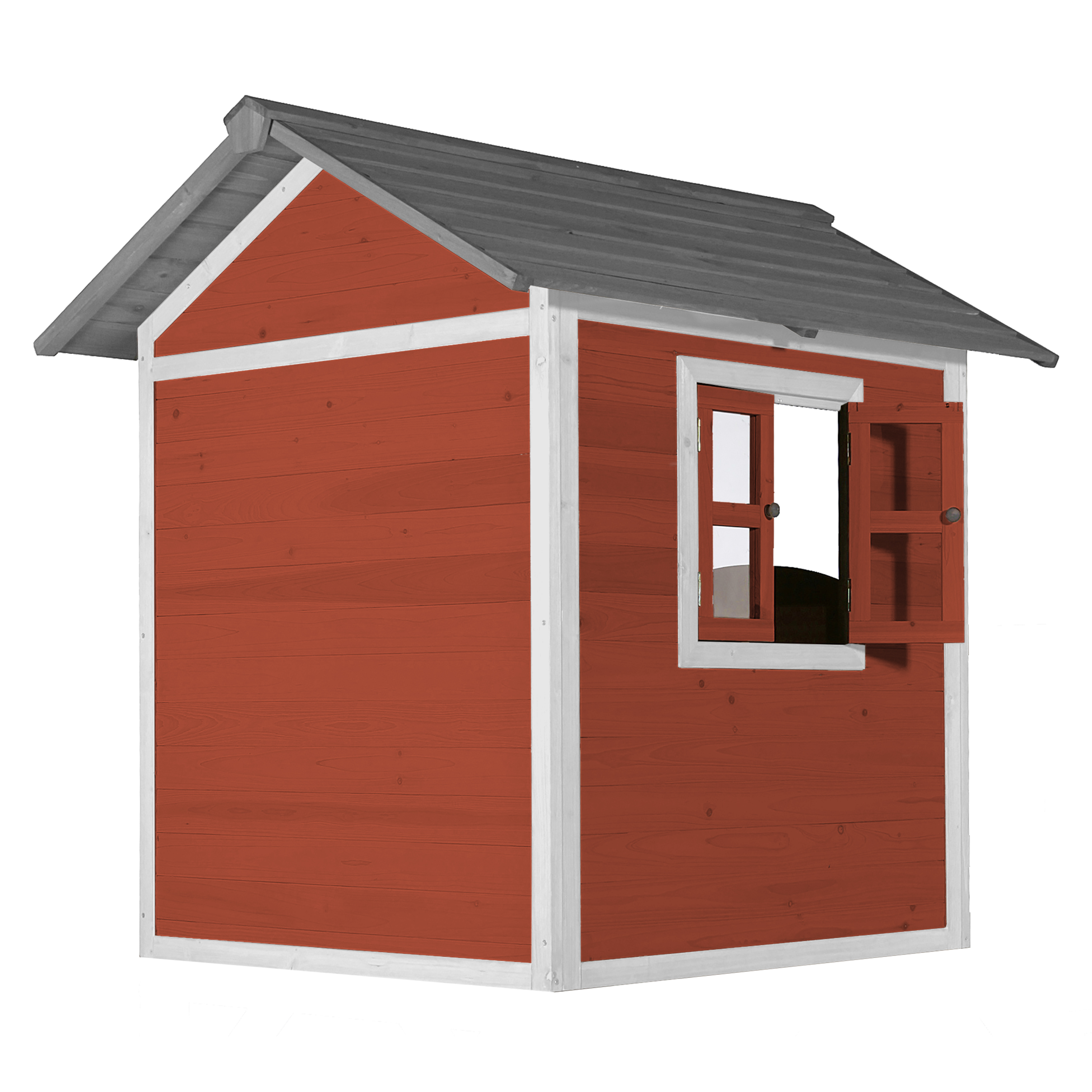 Ein rotes Holzspielhaus mit grauem Dach, weißem Zierrat und einem offenen Fenster.