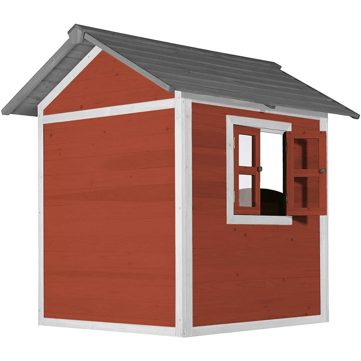 Rotes Holzspielhaus mit weißem Rand, offenem Fenster und grauem Dach.