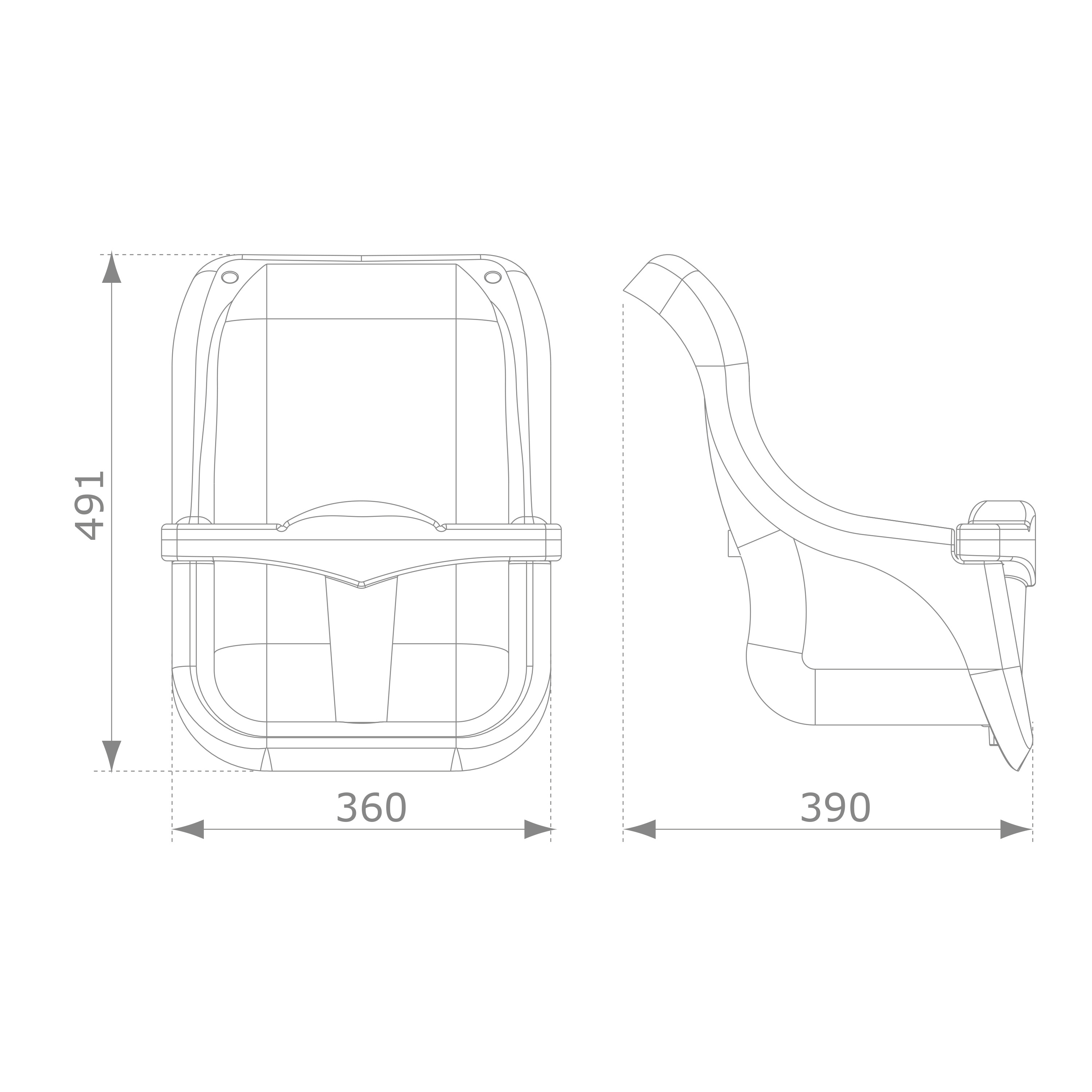 Eine technische Zeichnung eines Stuhls mit den Abmessungen: 491 mm Höhe, 360 mm Breite und 390 mm Tiefe.