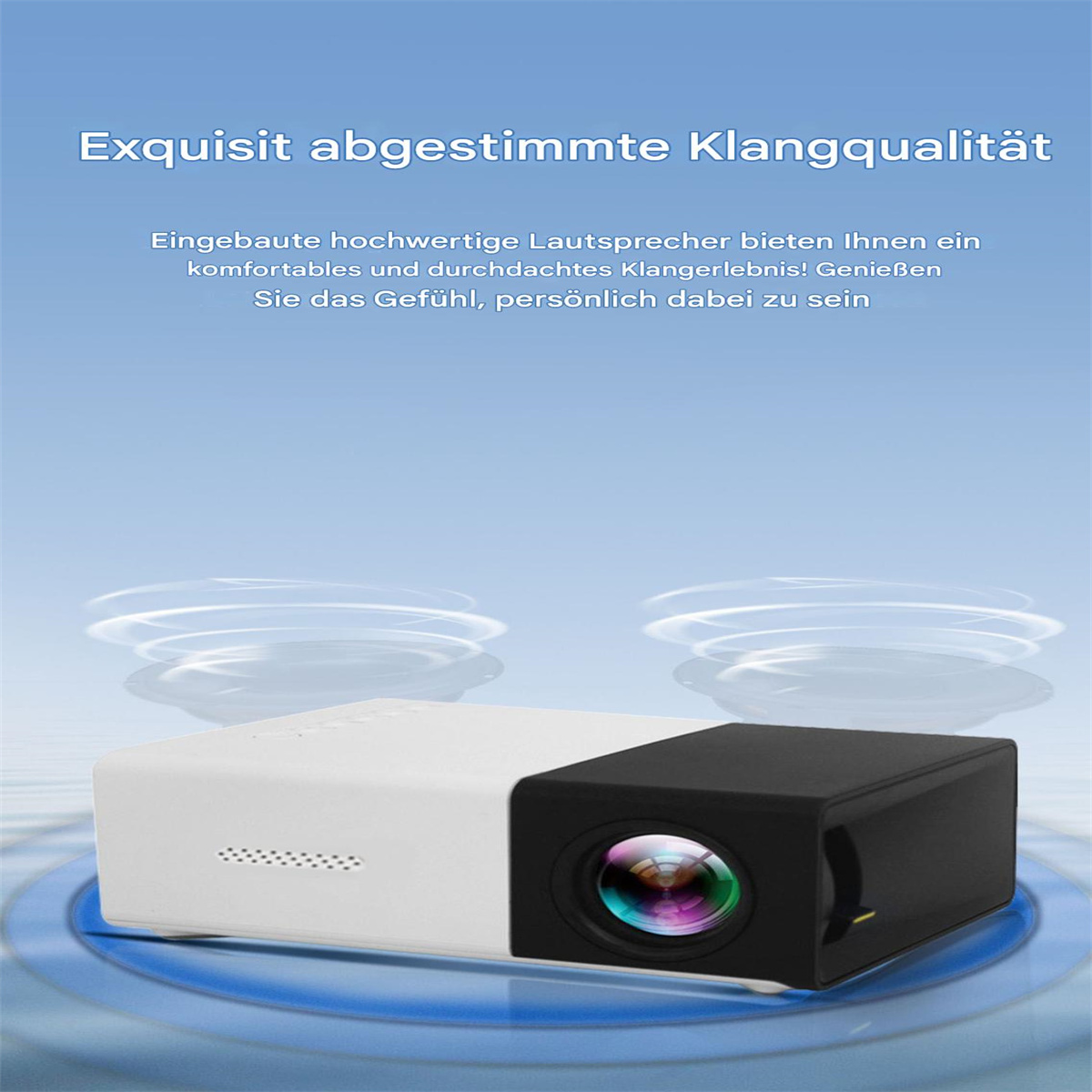 Ein weiß-schwarzer Projektor auf blauem Sockel. Text: „Exquisite Klangqualität“.