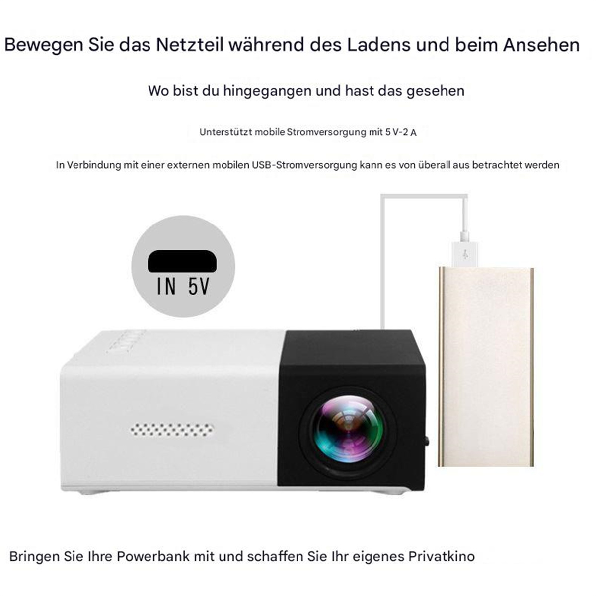 Ein weißer und schwarzer Projektor mit einer Powerbank und Text auf Deutsch.