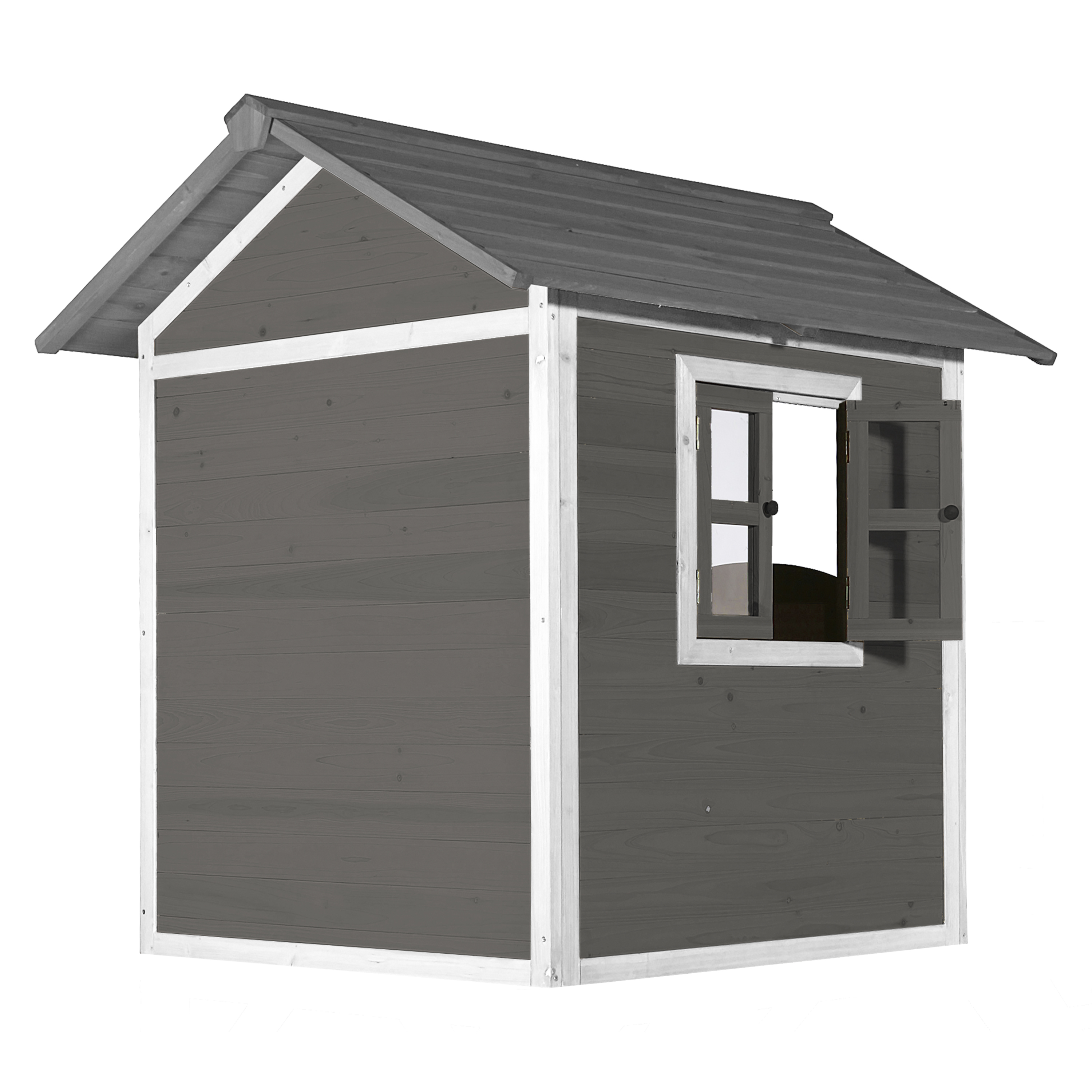 Spielhaus aus Holz mit grauem Dach, weißem Zierrat, einem Fenster und offener Tür. Weißer Hintergrund.
