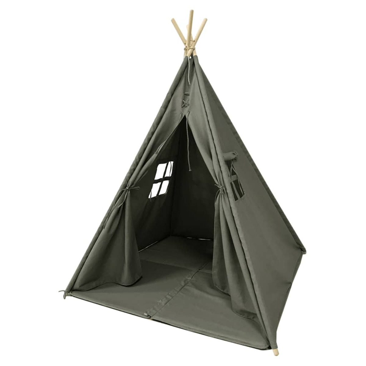 Ein graues Tipi-Zelt mit Holzstangen, vor weißem Hintergrund.