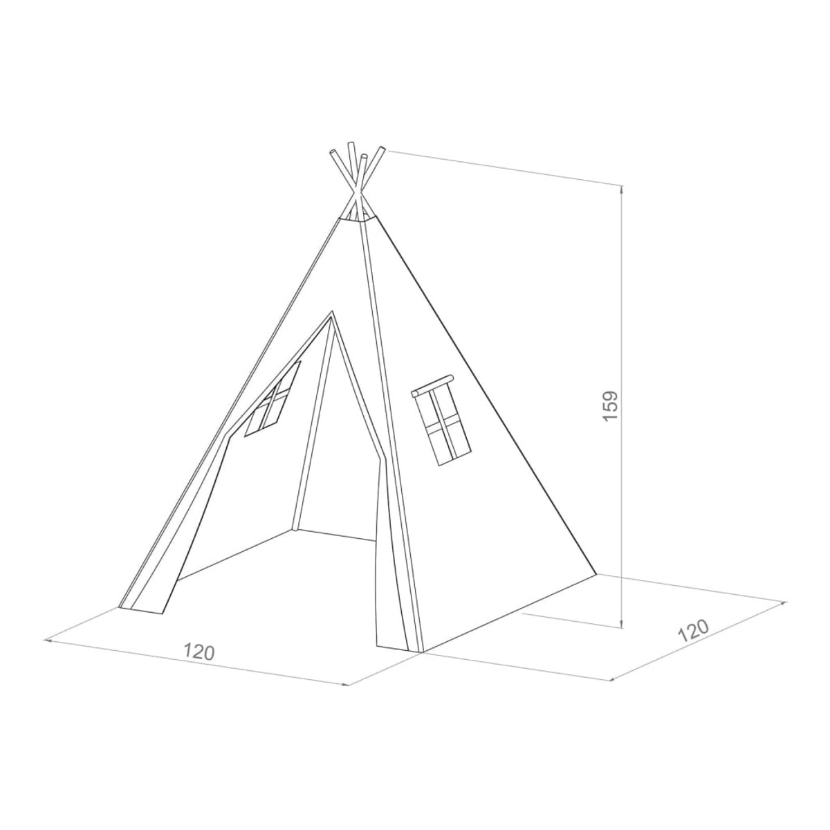 Strichzeichnung eines Tipi-Zeltes mit Maßen: 120x120x159 cm. Weißer Hintergrund.