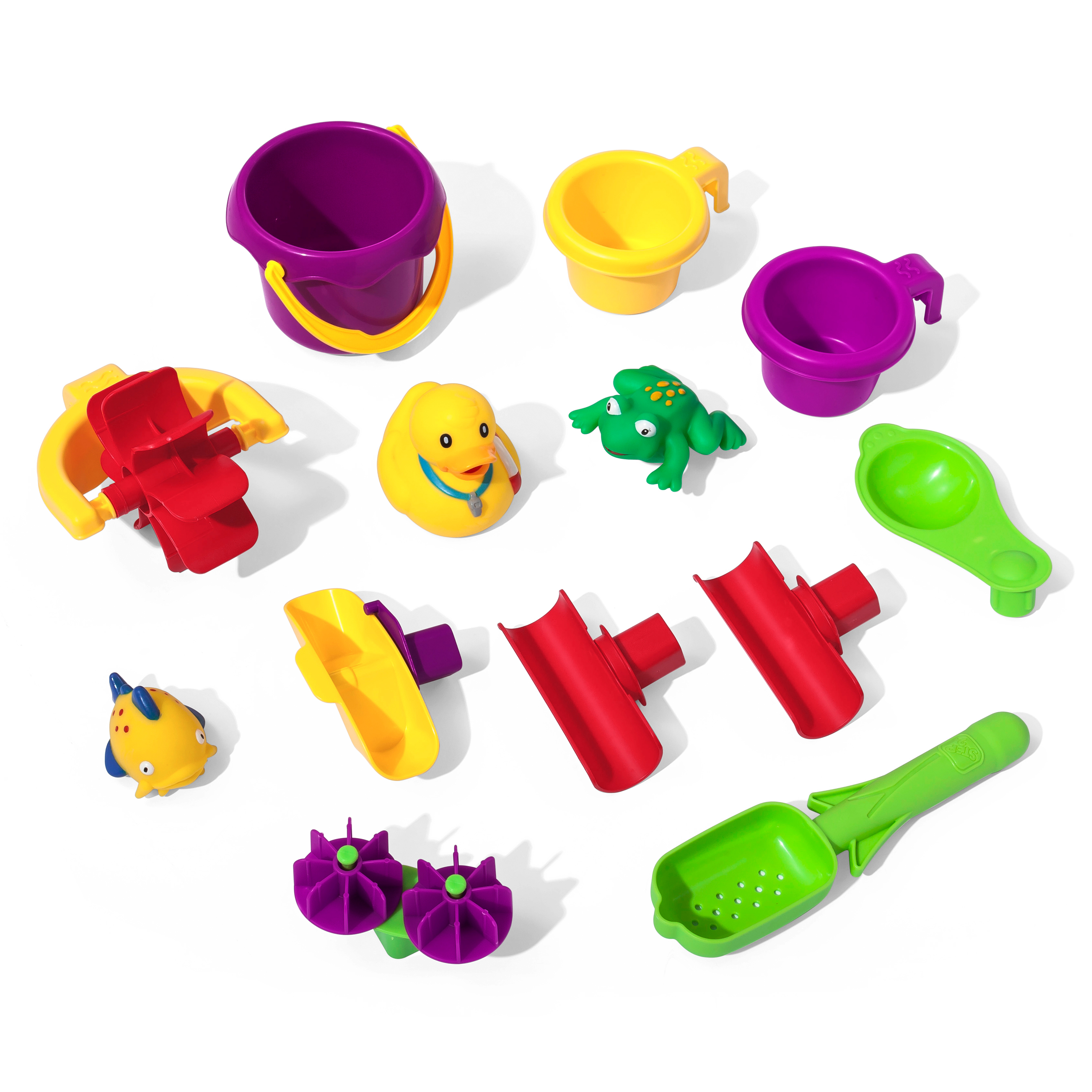 Eine Sammlung bunter Plastikbadetiere, darunter Eimer, Becher und eine Ente.
